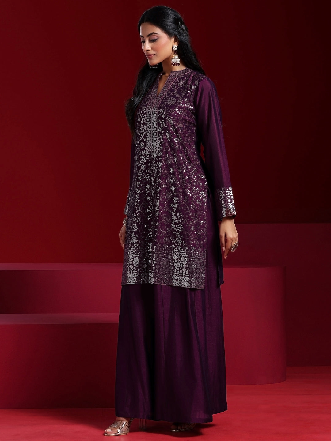 Libas Art Wine Embroidered Silk Blend Straight Suit With Dupatta