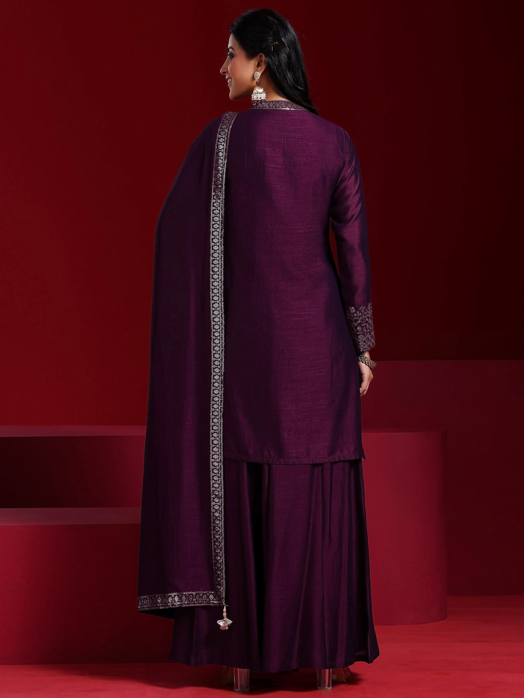 Libas Art Wine Embroidered Silk Blend Straight Suit With Dupatta