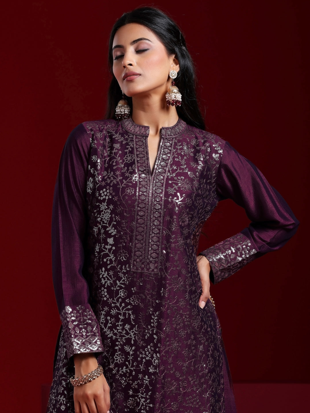 Libas Art Wine Embroidered Silk Blend Straight Suit With Dupatta