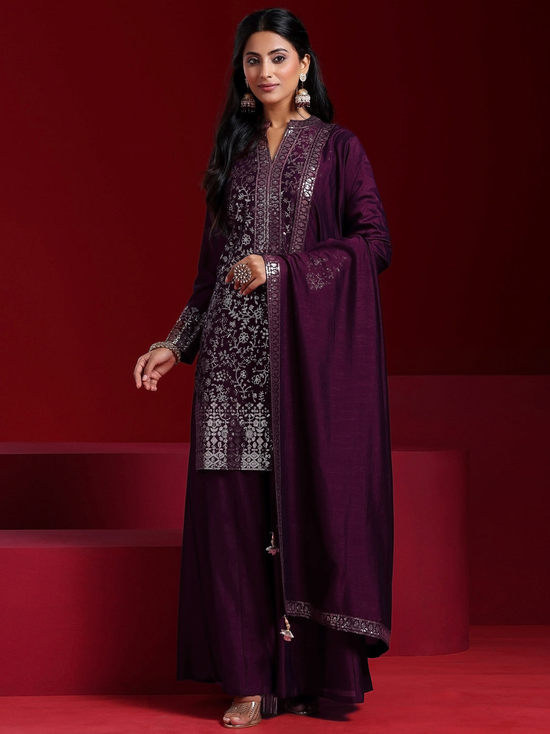 Libas Art Wine Embroidered Silk Blend Straight Suit With Dupatta