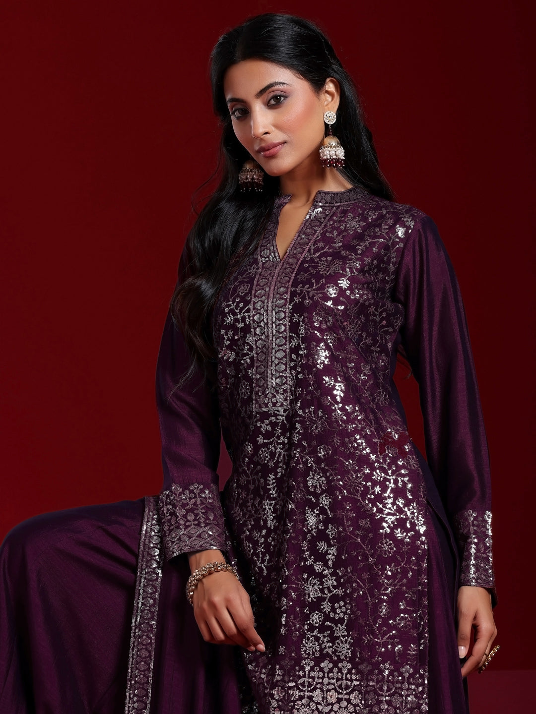 Libas Art Wine Embroidered Silk Blend Straight Suit With Dupatta