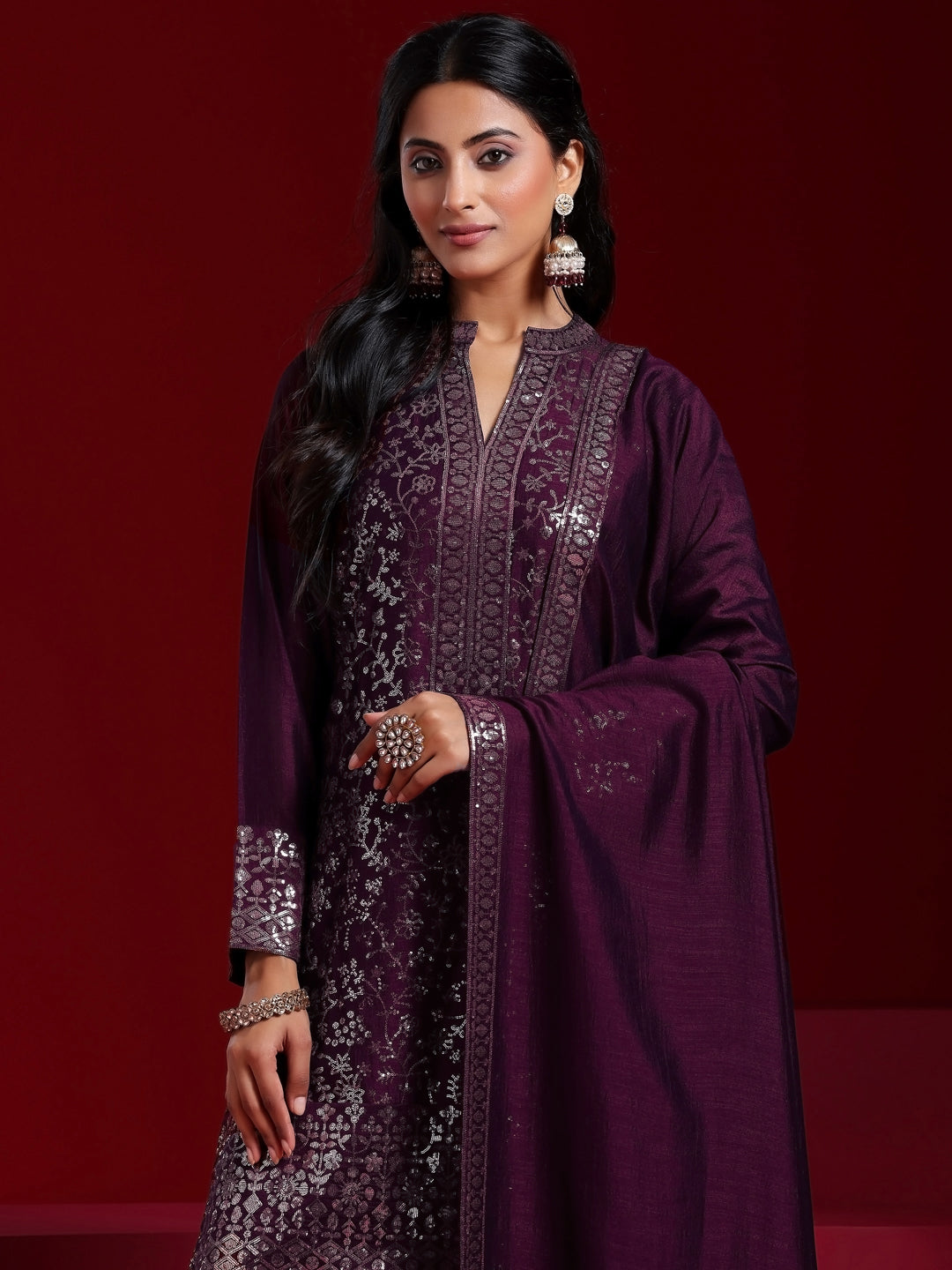 Libas Art Wine Embroidered Silk Blend Straight Suit With Dupatta