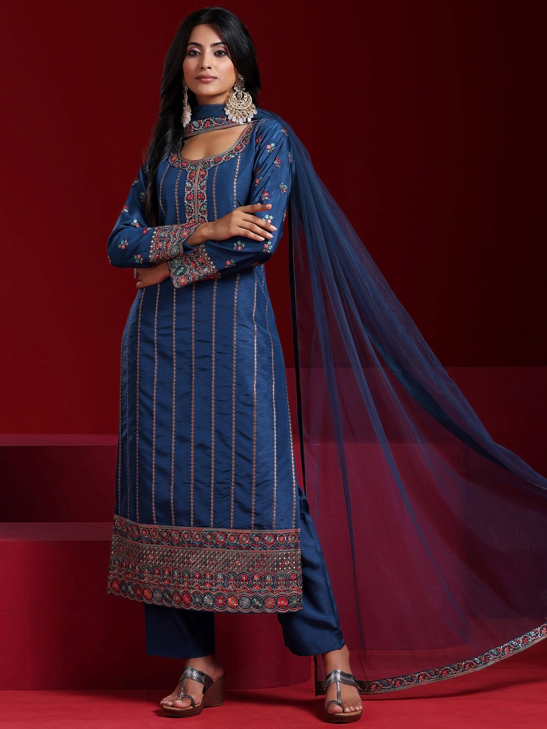 Libas Art Blue Embroidered Silk Blend Straight Suit With Dupatta