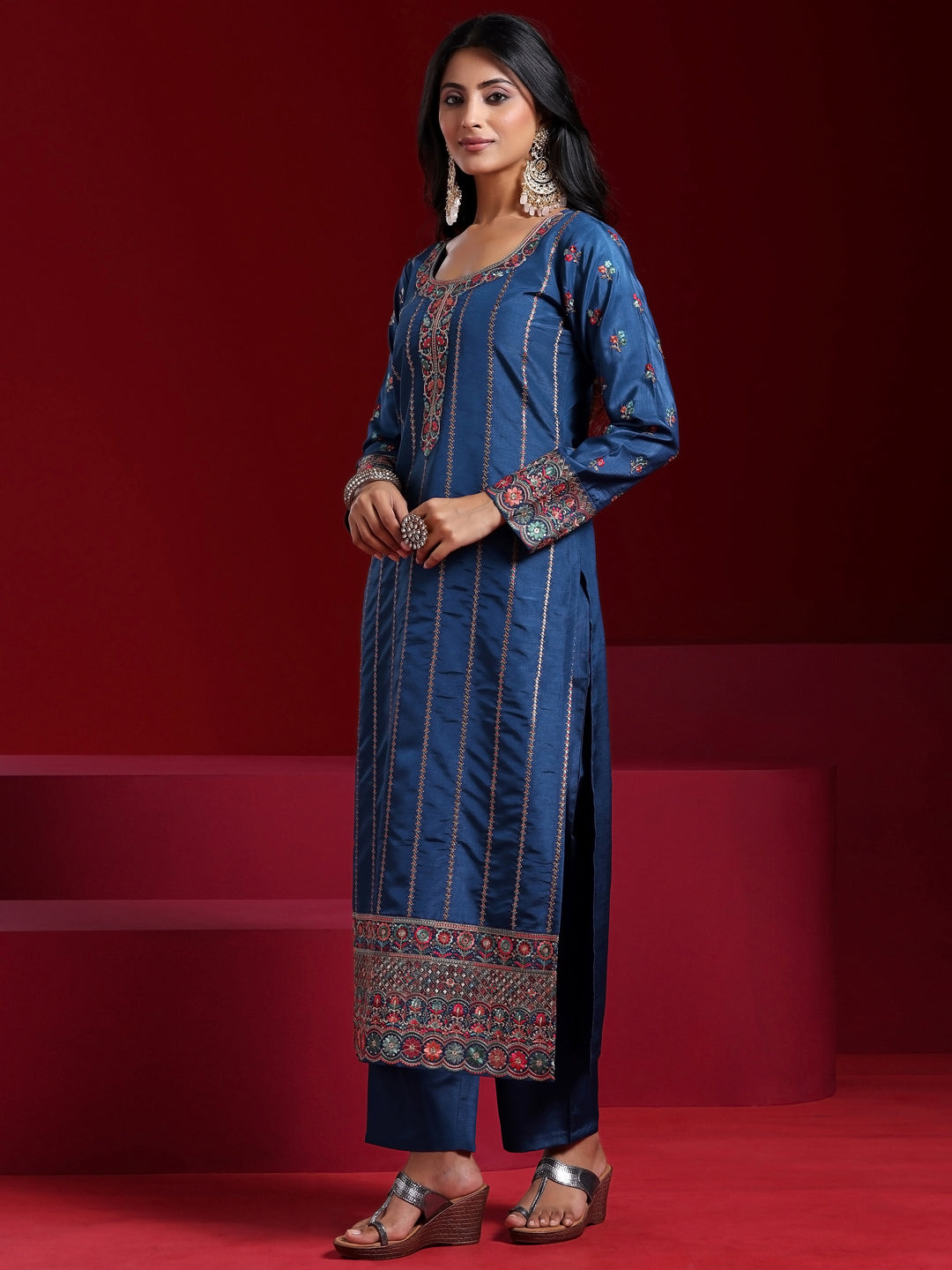 Libas Art Blue Embroidered Silk Blend Straight Suit With Dupatta