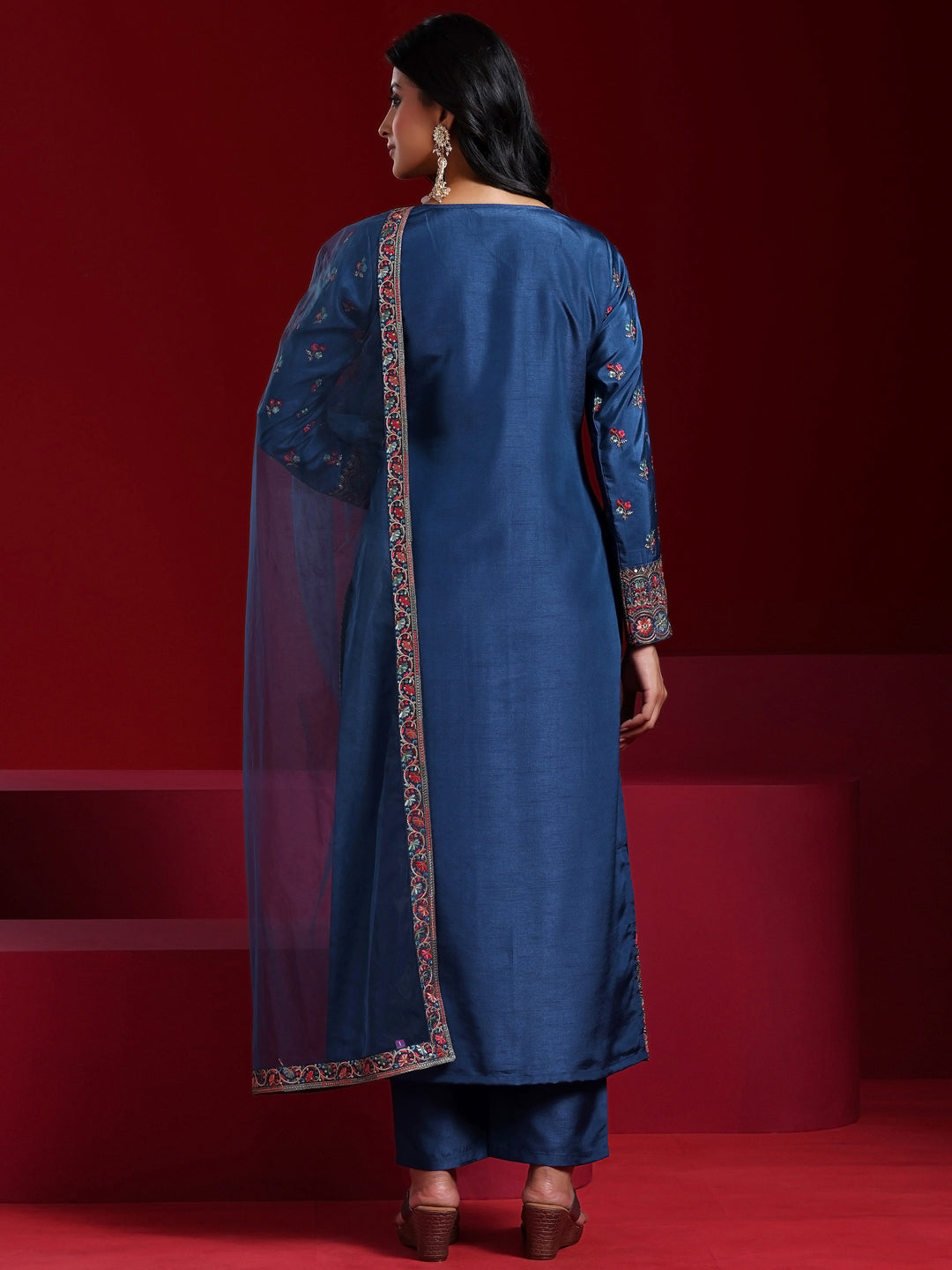 Libas Art Blue Embroidered Silk Blend Straight Suit With Dupatta