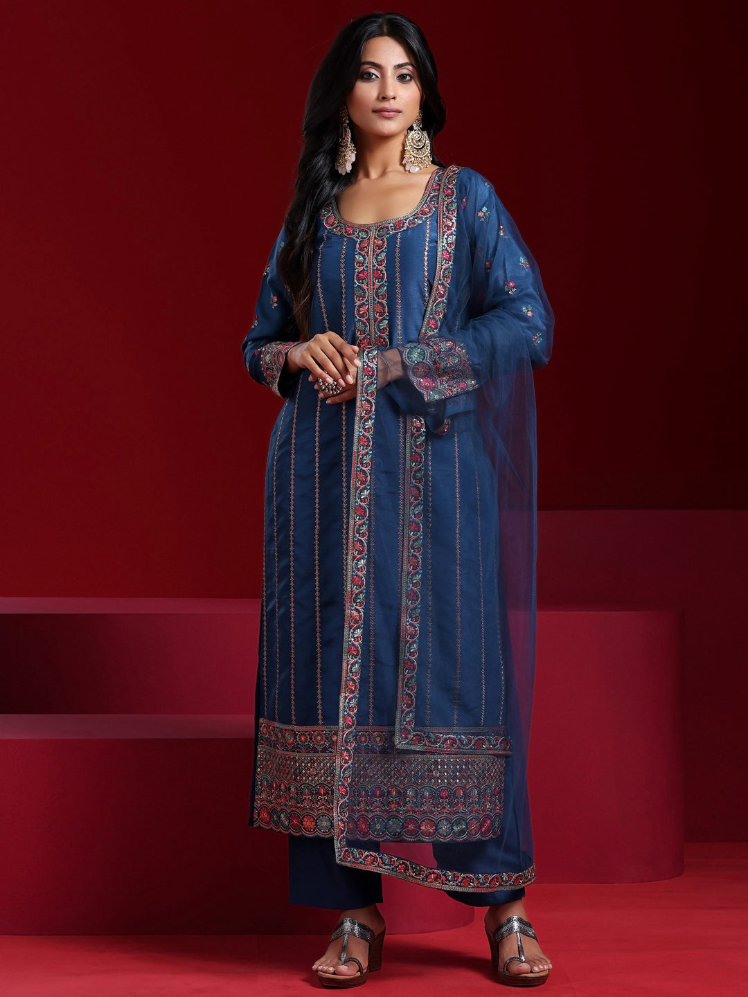 Libas Art Blue Embroidered Silk Blend Straight Suit With Dupatta