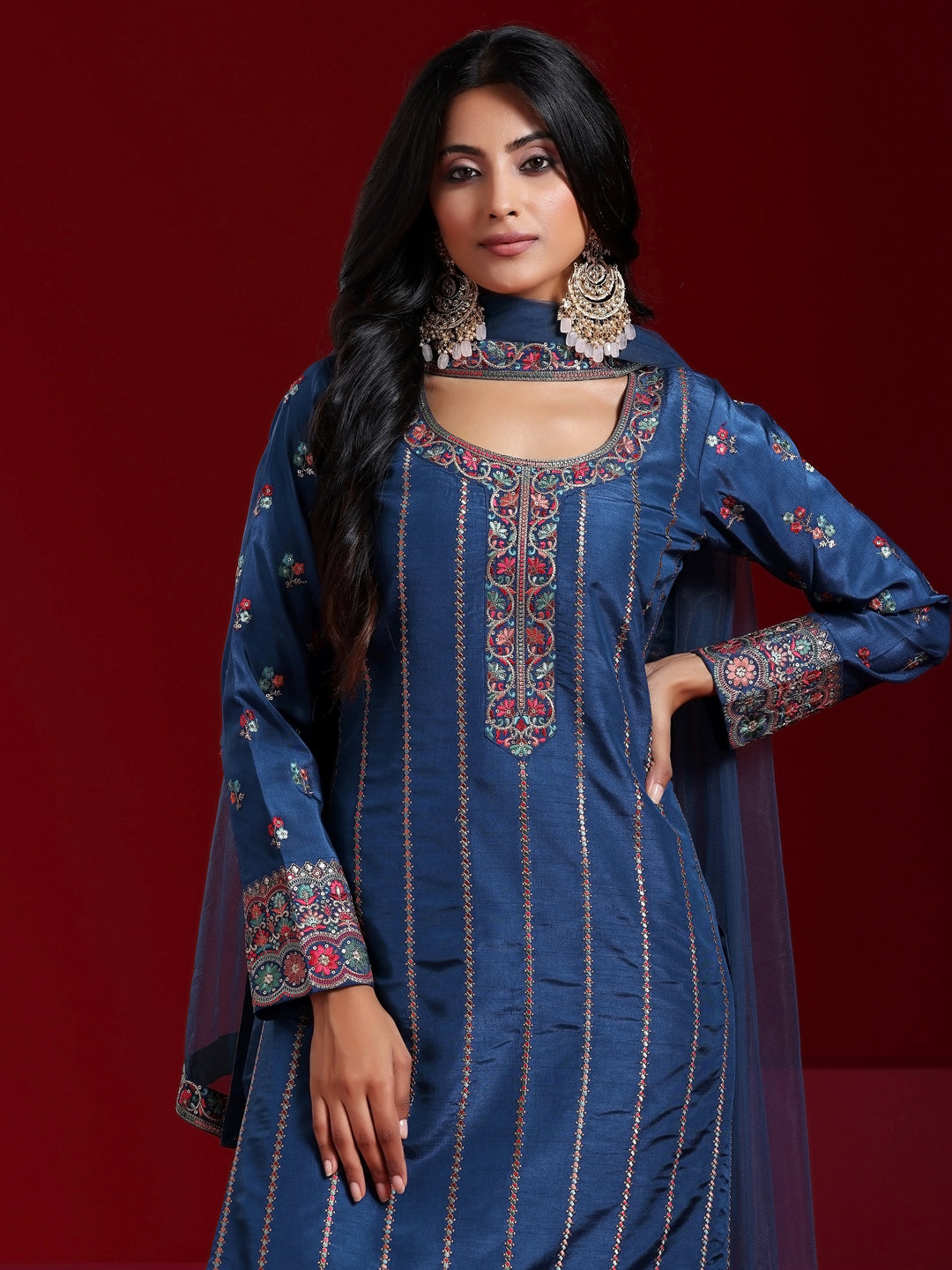 Libas Art Blue Embroidered Silk Blend Straight Suit With Dupatta