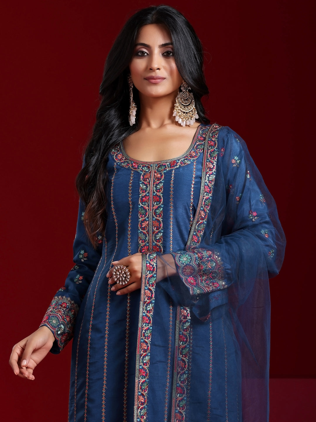 Libas Art Blue Embroidered Silk Blend Straight Suit With Dupatta