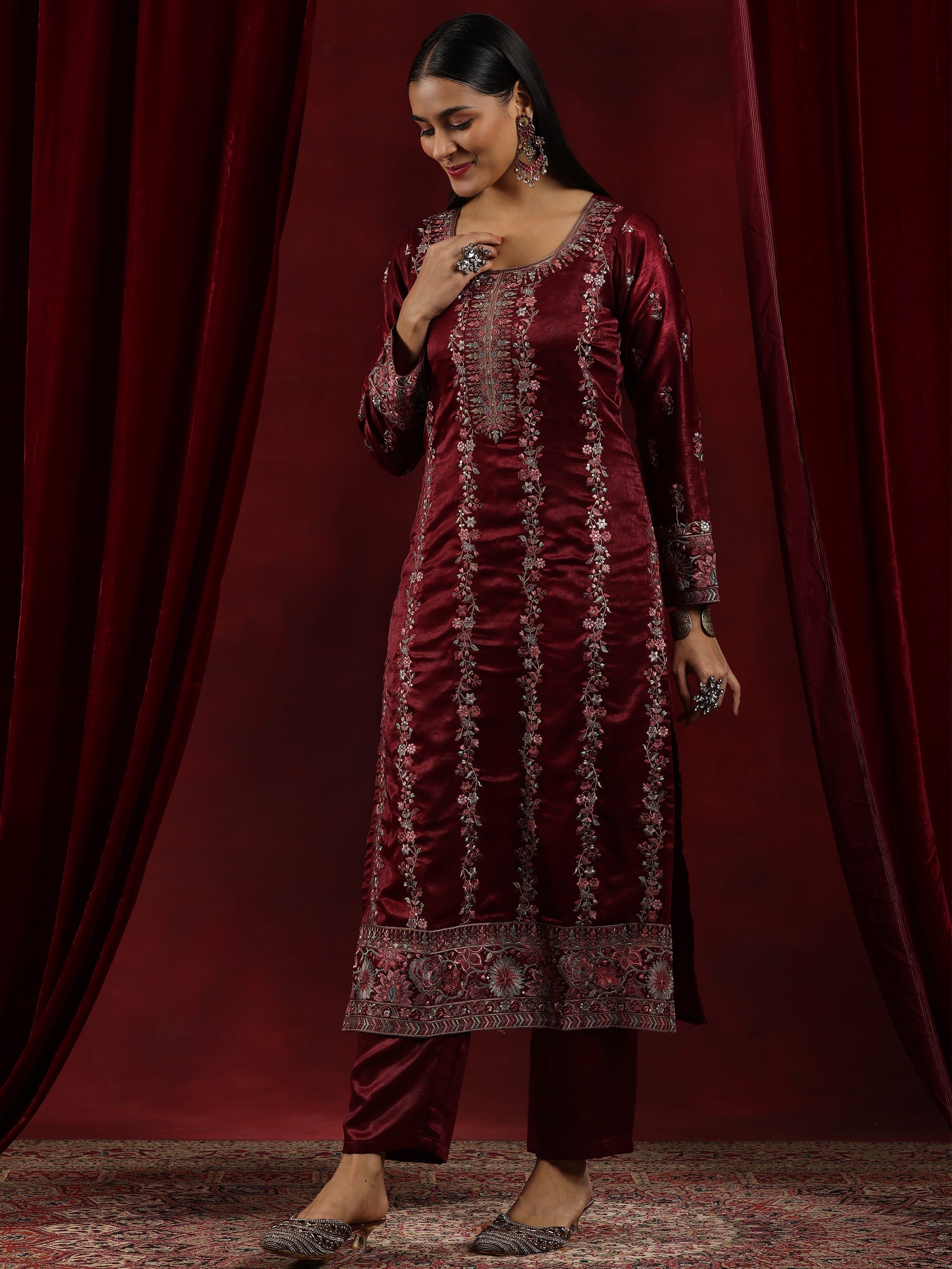 Libas Art Maroon Embroidered Silk Straight Suit With Dupatta