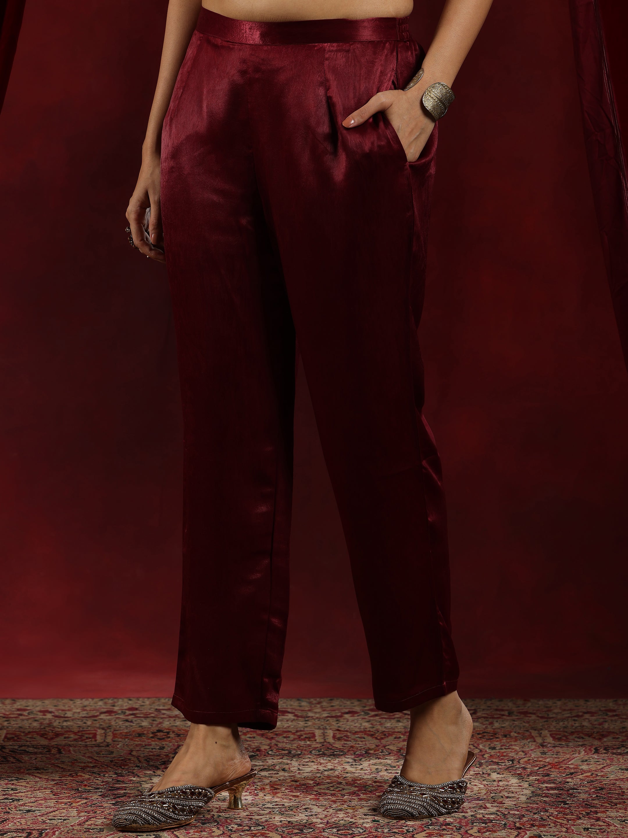 Libas Art Maroon Embroidered Silk Straight Suit With Dupatta