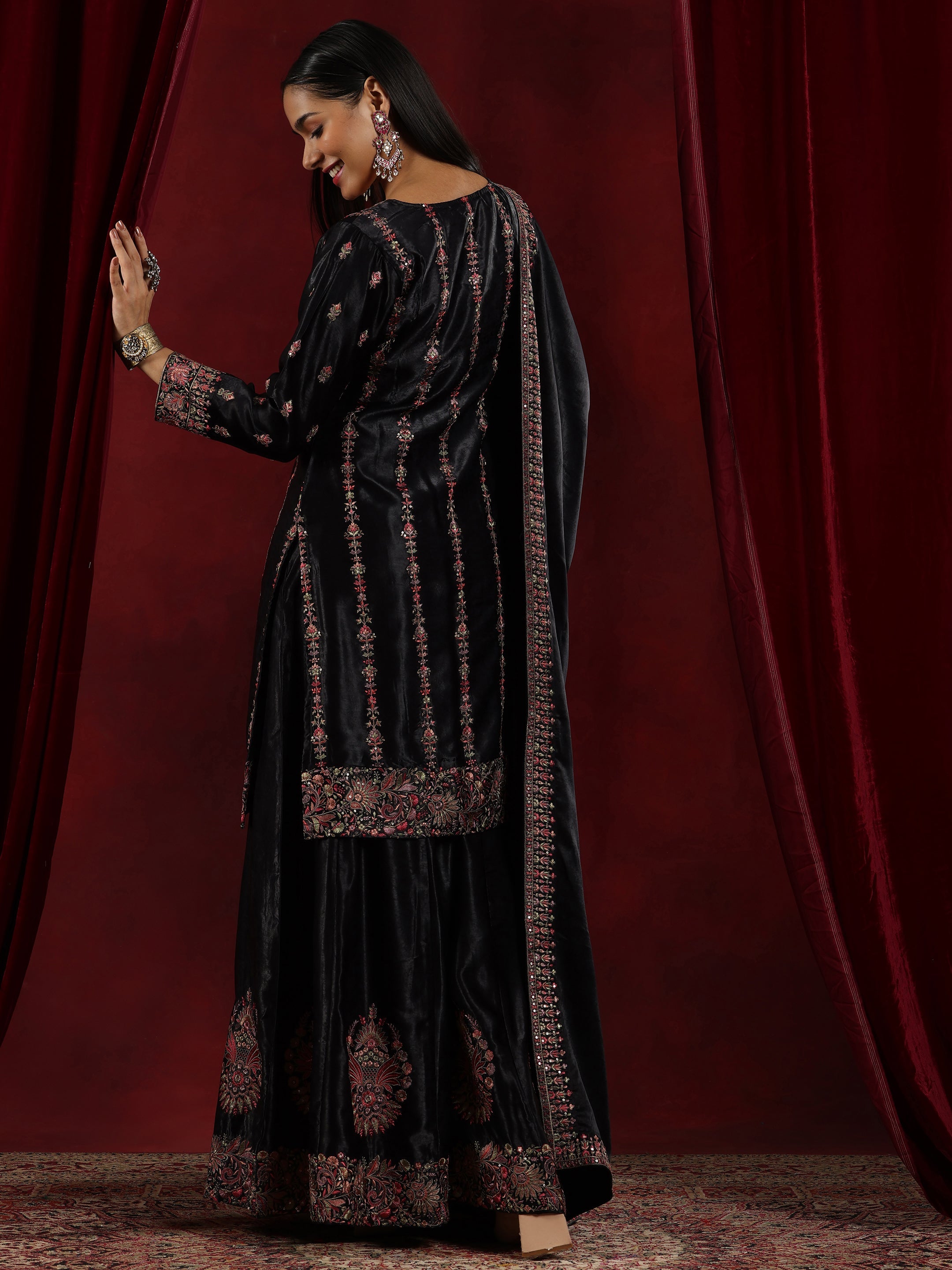 Libas Art Black Embroidered Silk Straight Suit With Dupatta