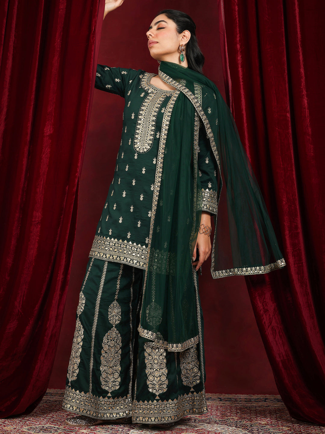 Libas Art Green Embroidered Silk Blend Straight Suit With Dupatta