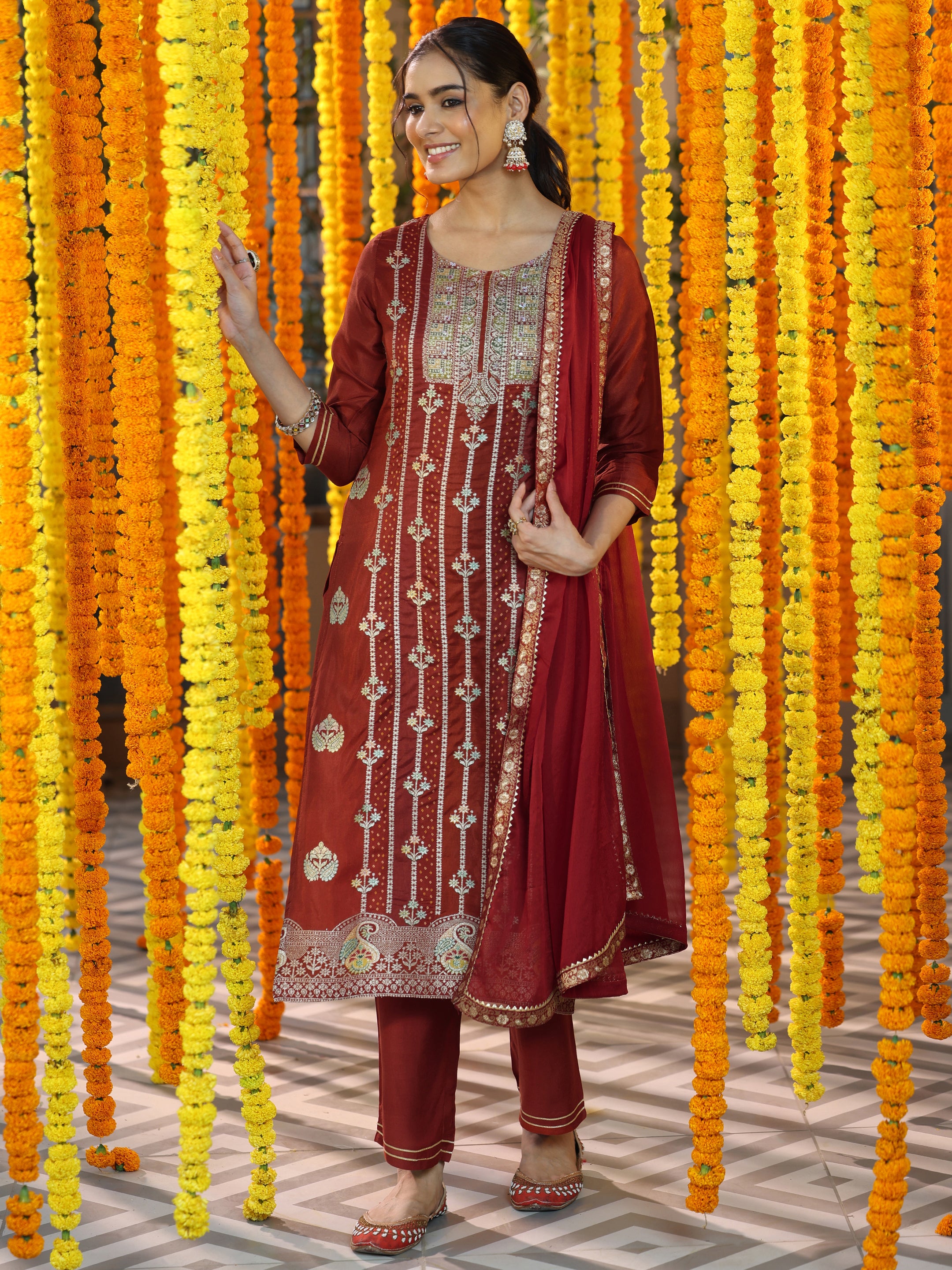 Rust Woven Design Silk Blend Straight Suit With Dupatta-color issue