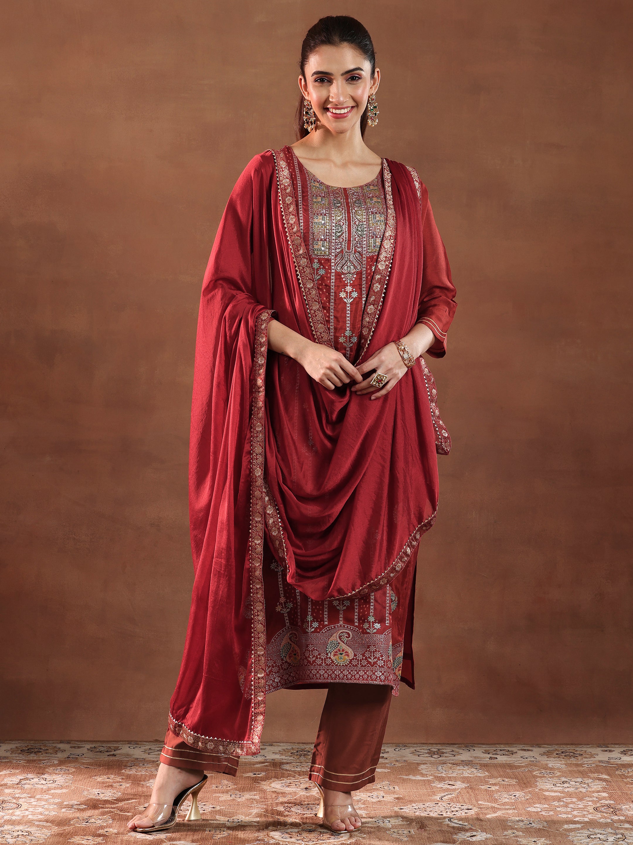 Rust Woven Design Silk Blend Straight Suit With Dupatta-color issue