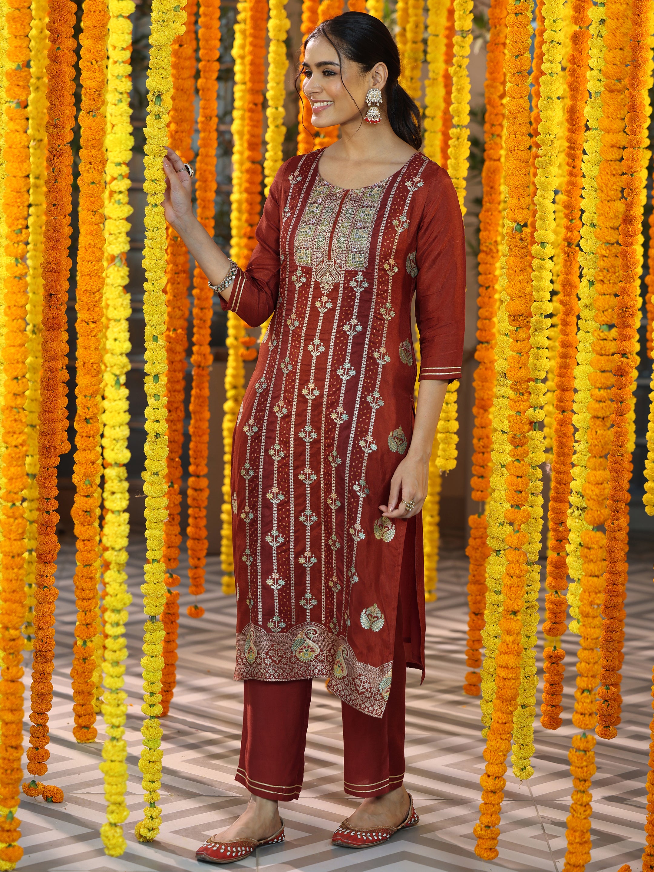 Rust Woven Design Silk Blend Straight Suit With Dupatta-color issue