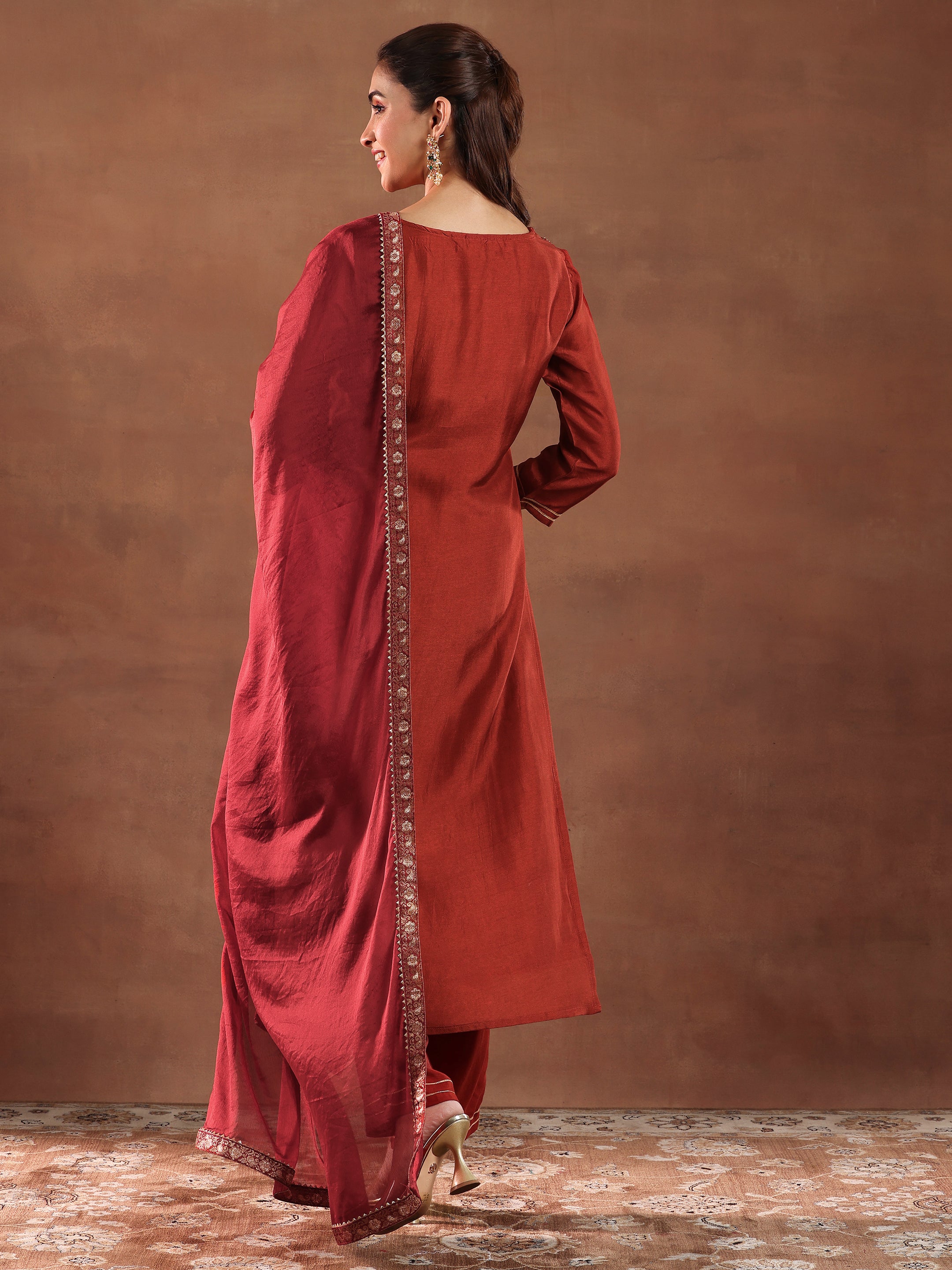 Rust Woven Design Silk Blend Straight Suit With Dupatta-color issue