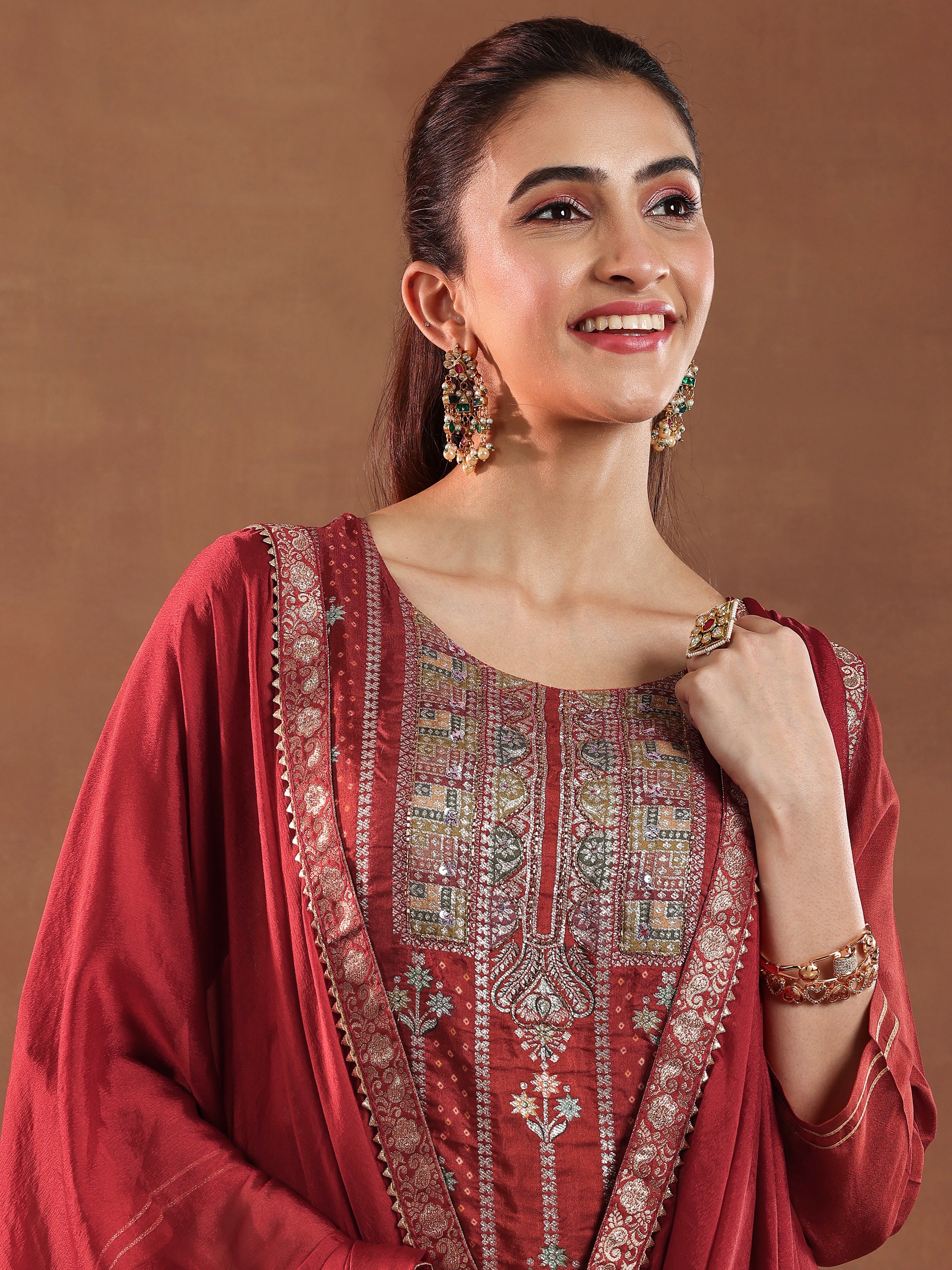 Rust Woven Design Silk Blend Straight Suit With Dupatta-color issue