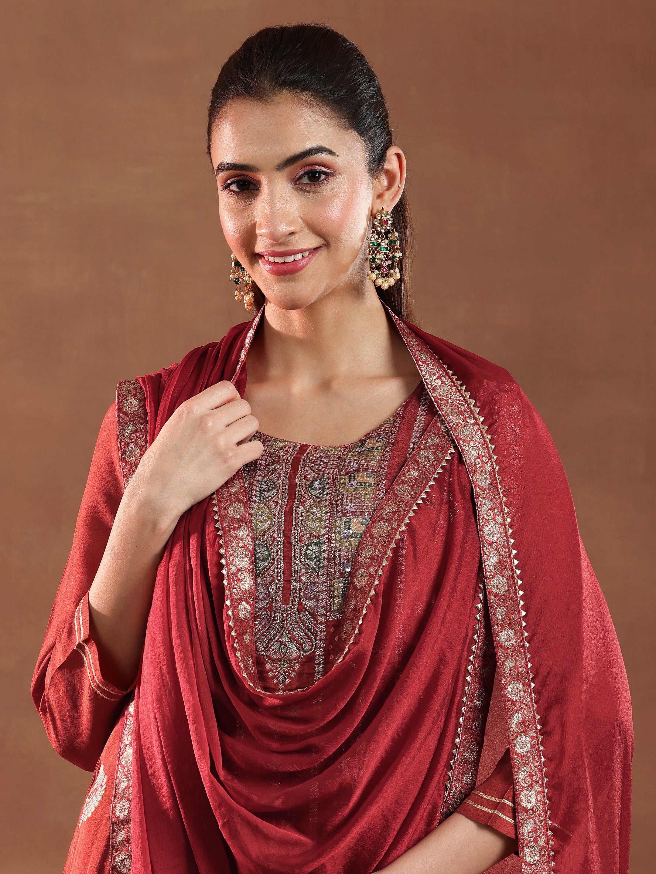 Rust Woven Design Silk Blend Straight Suit With Dupatta-color issue