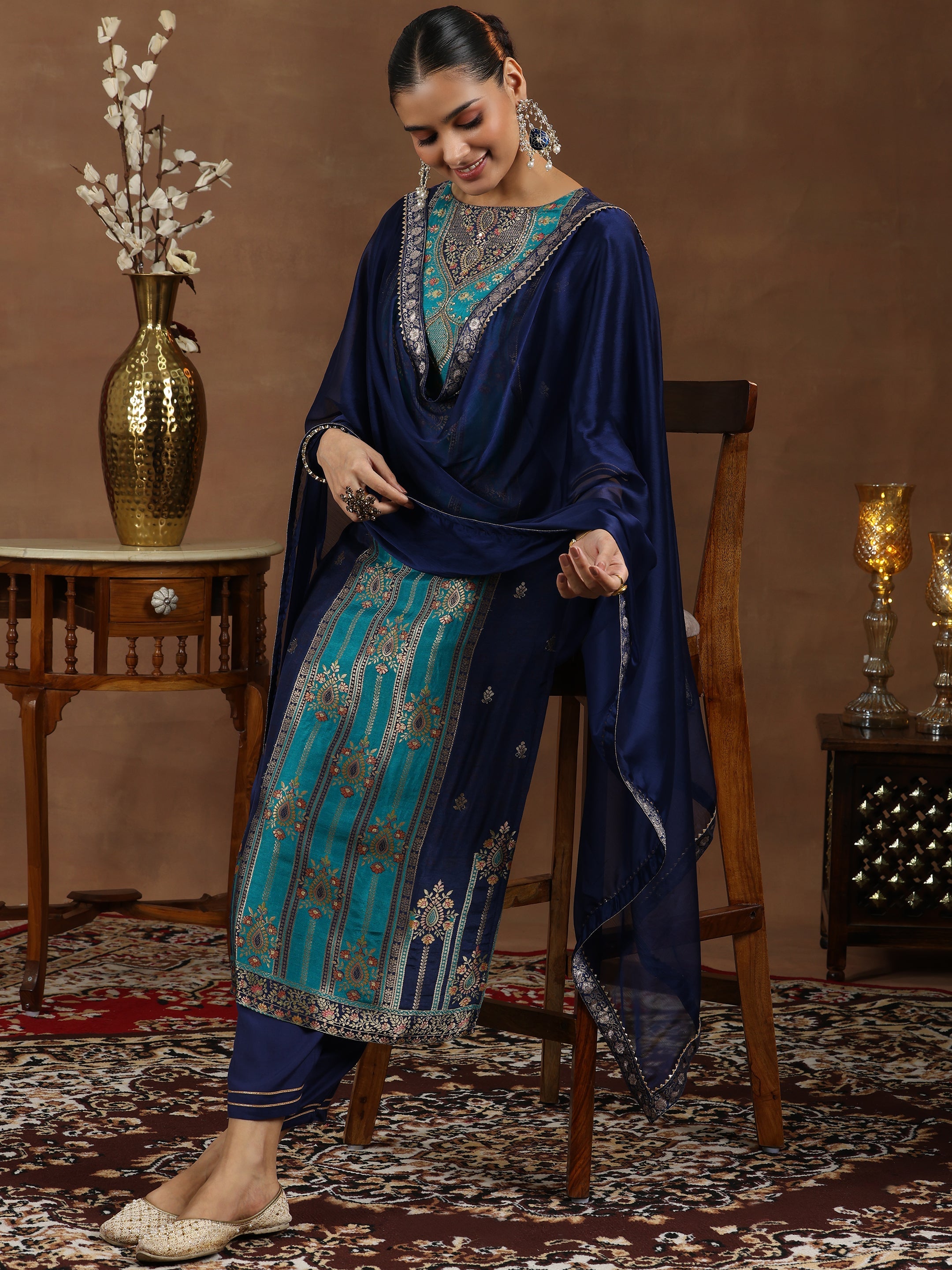 Blue Woven Design Silk Blend Straight Suit With Dupatta