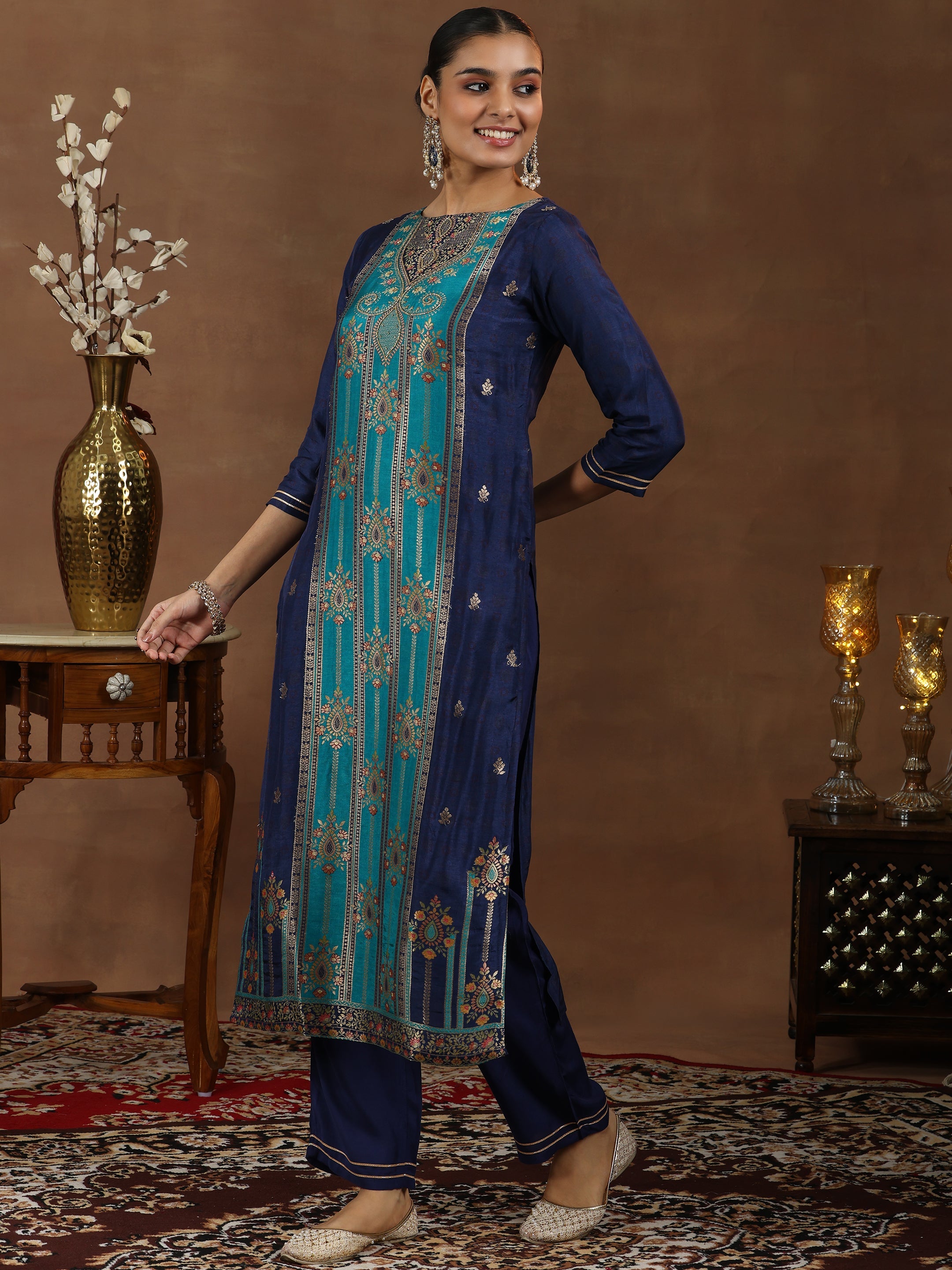 Blue Woven Design Silk Blend Straight Suit With Dupatta