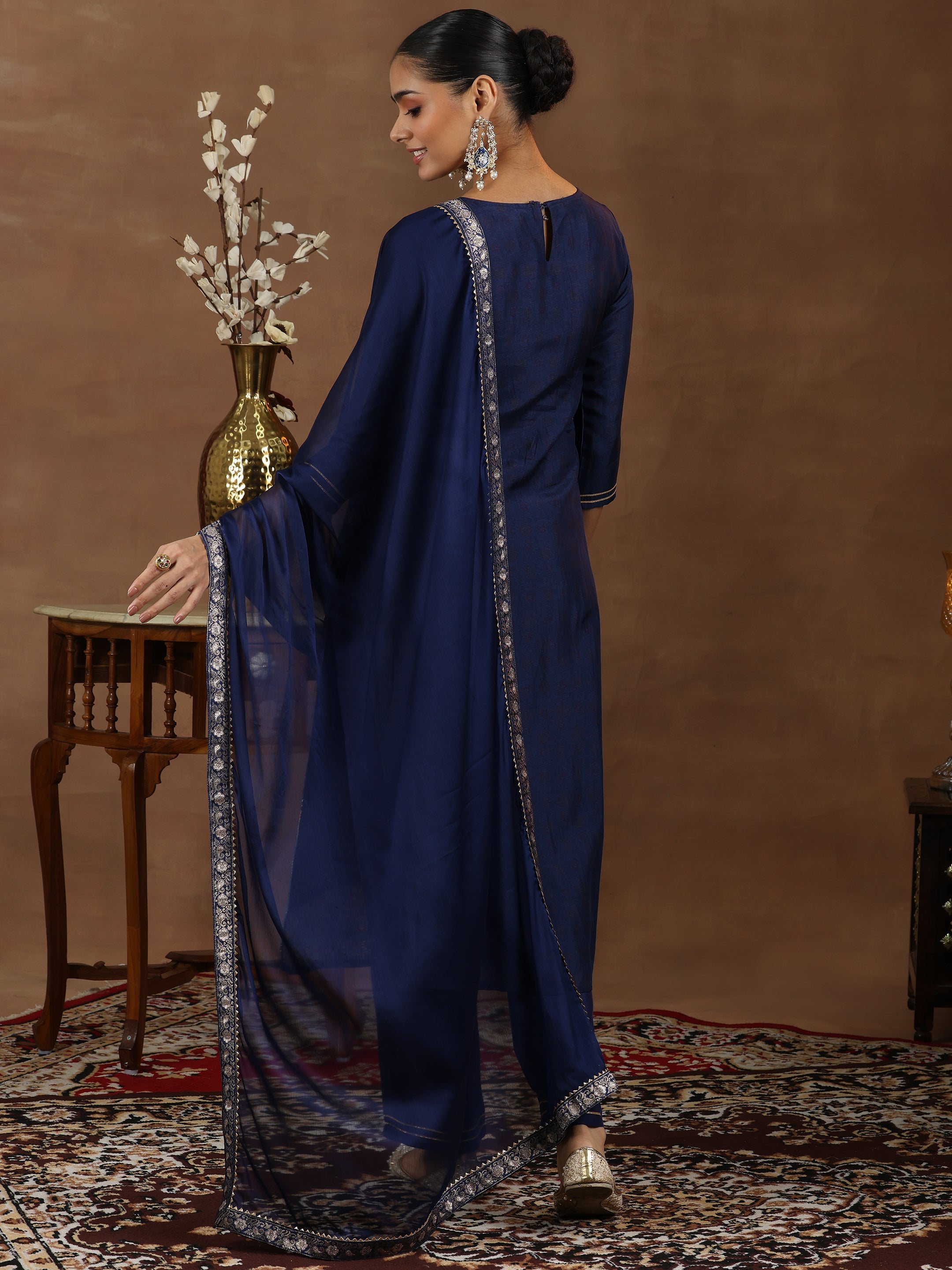 Blue Woven Design Silk Blend Straight Suit With Dupatta