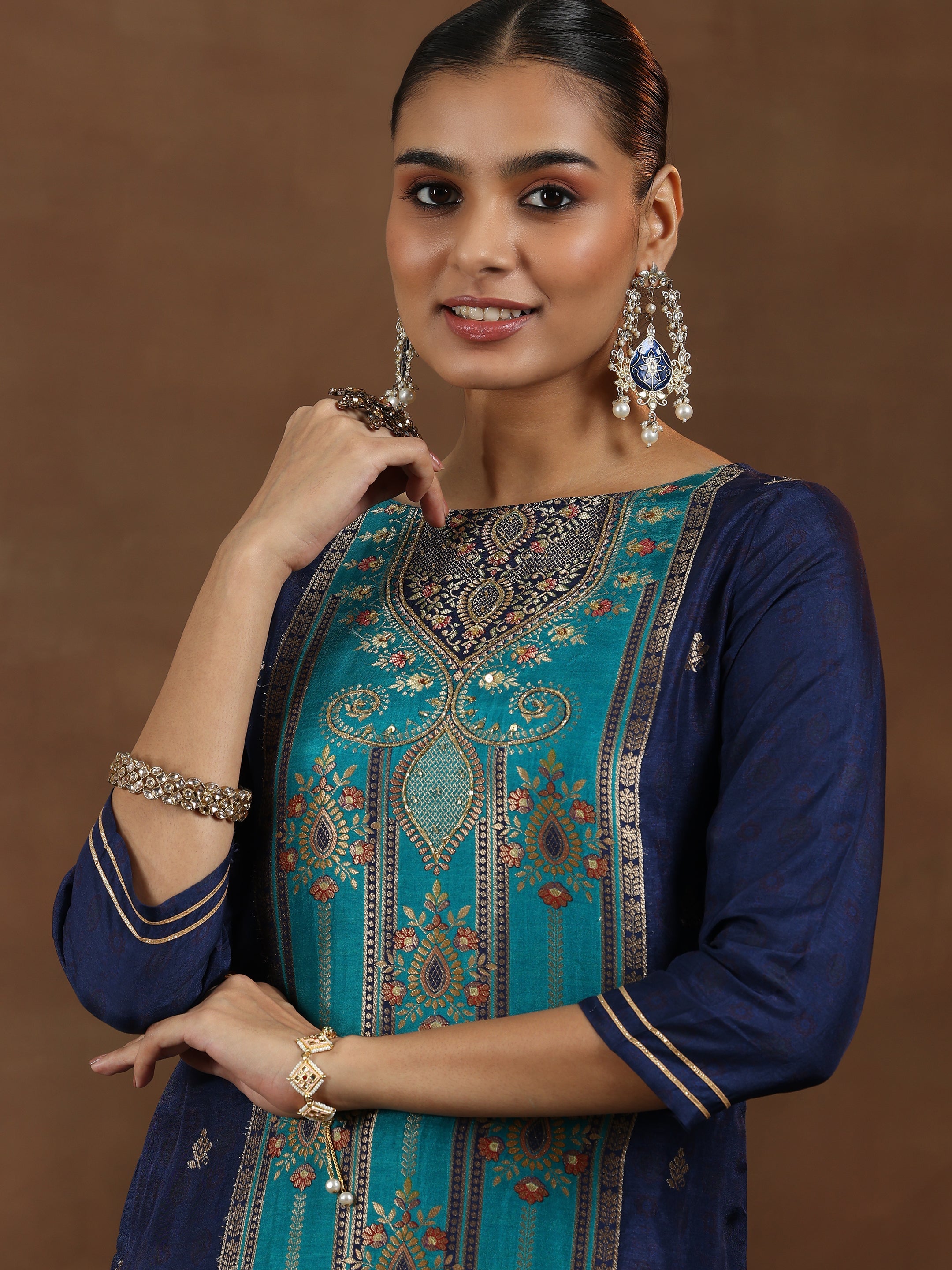 Blue Woven Design Silk Blend Straight Suit With Dupatta