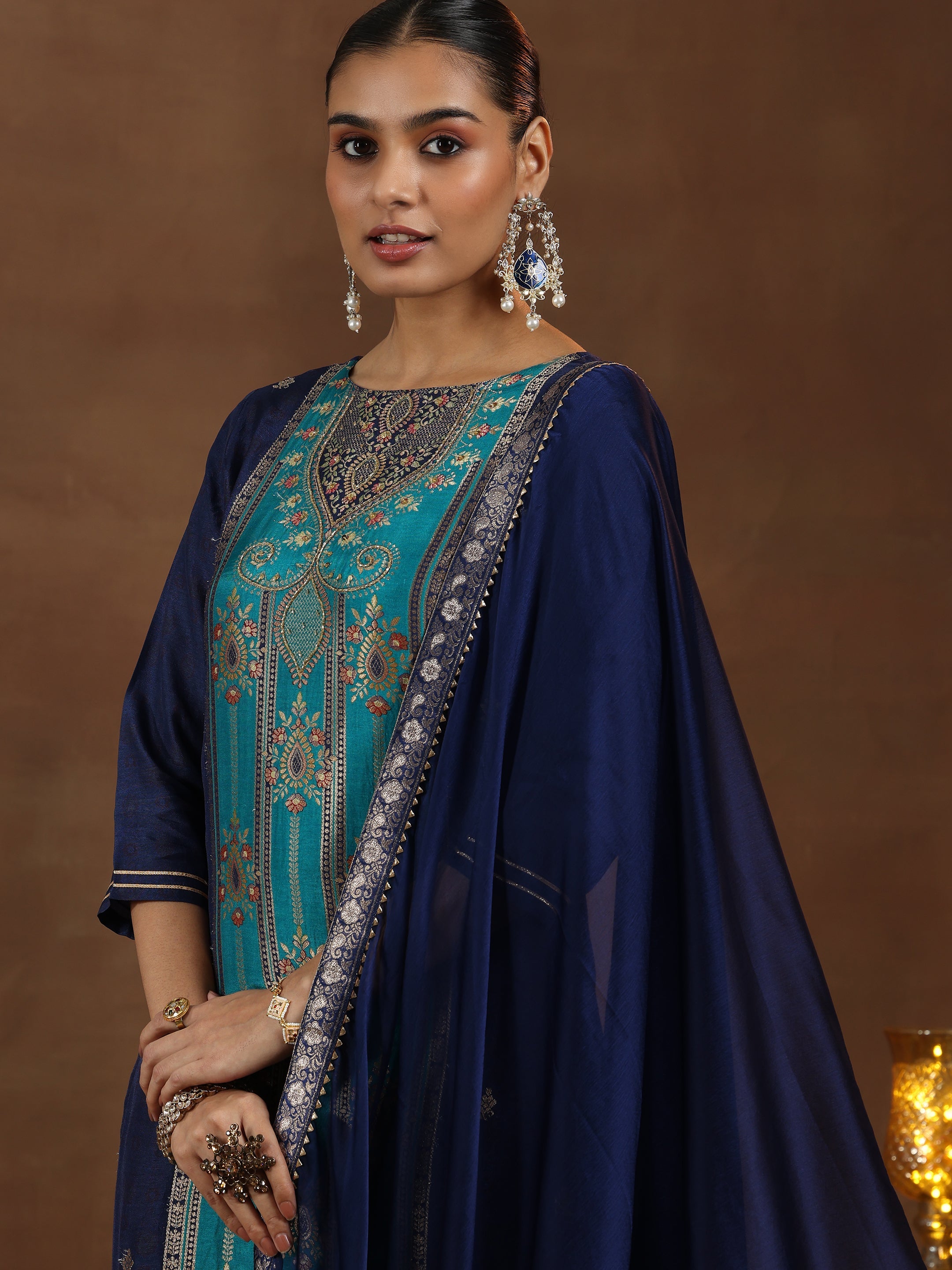 Blue Woven Design Silk Blend Straight Suit With Dupatta