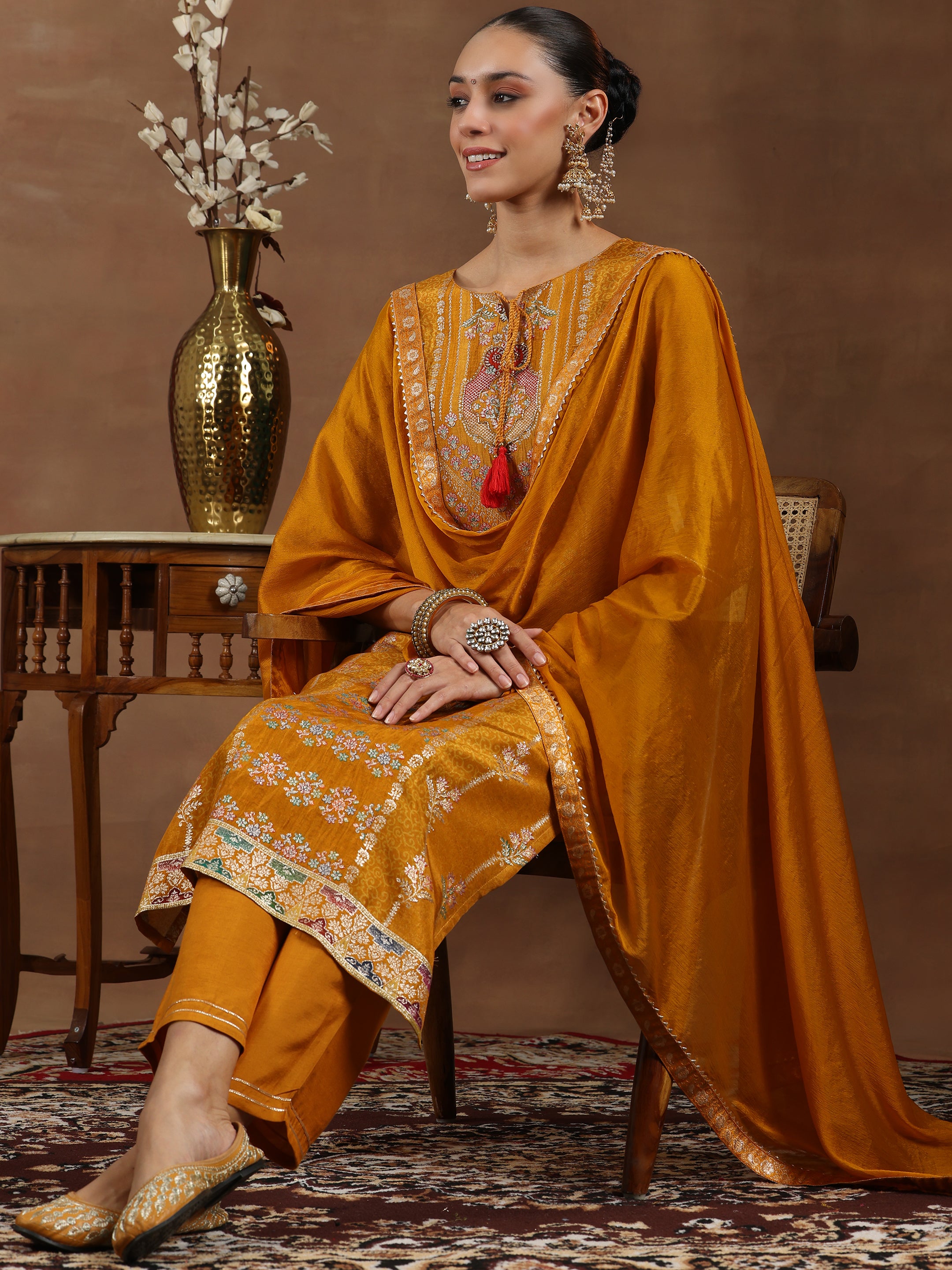 Mustard Woven Design Silk Blend Straight Suit With Dupatta