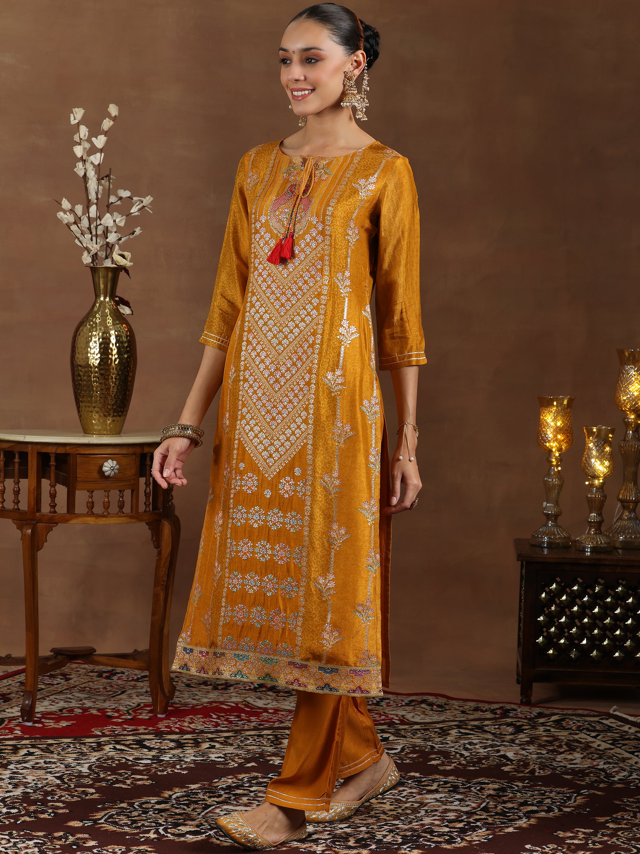 Mustard Woven Design Silk Blend Straight Suit With Dupatta