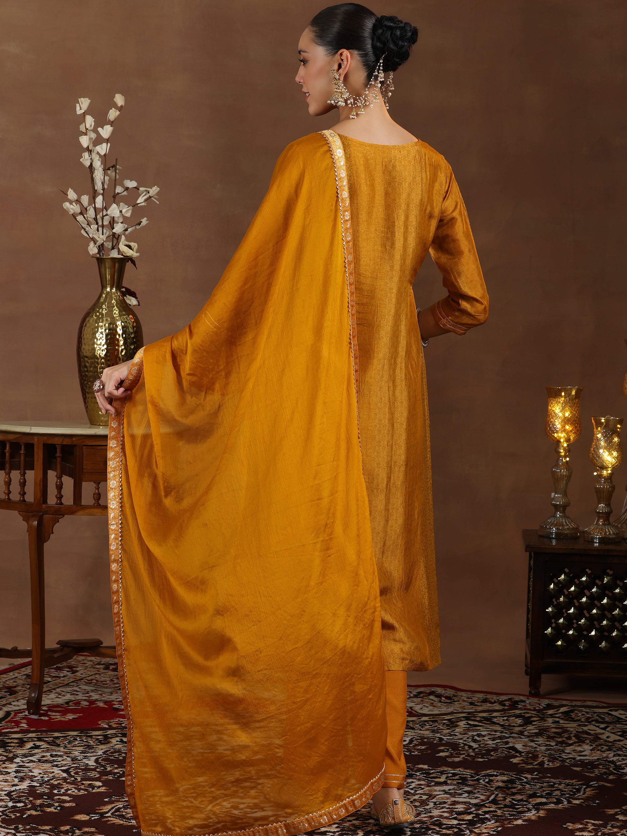 Mustard Woven Design Silk Blend Straight Suit With Dupatta