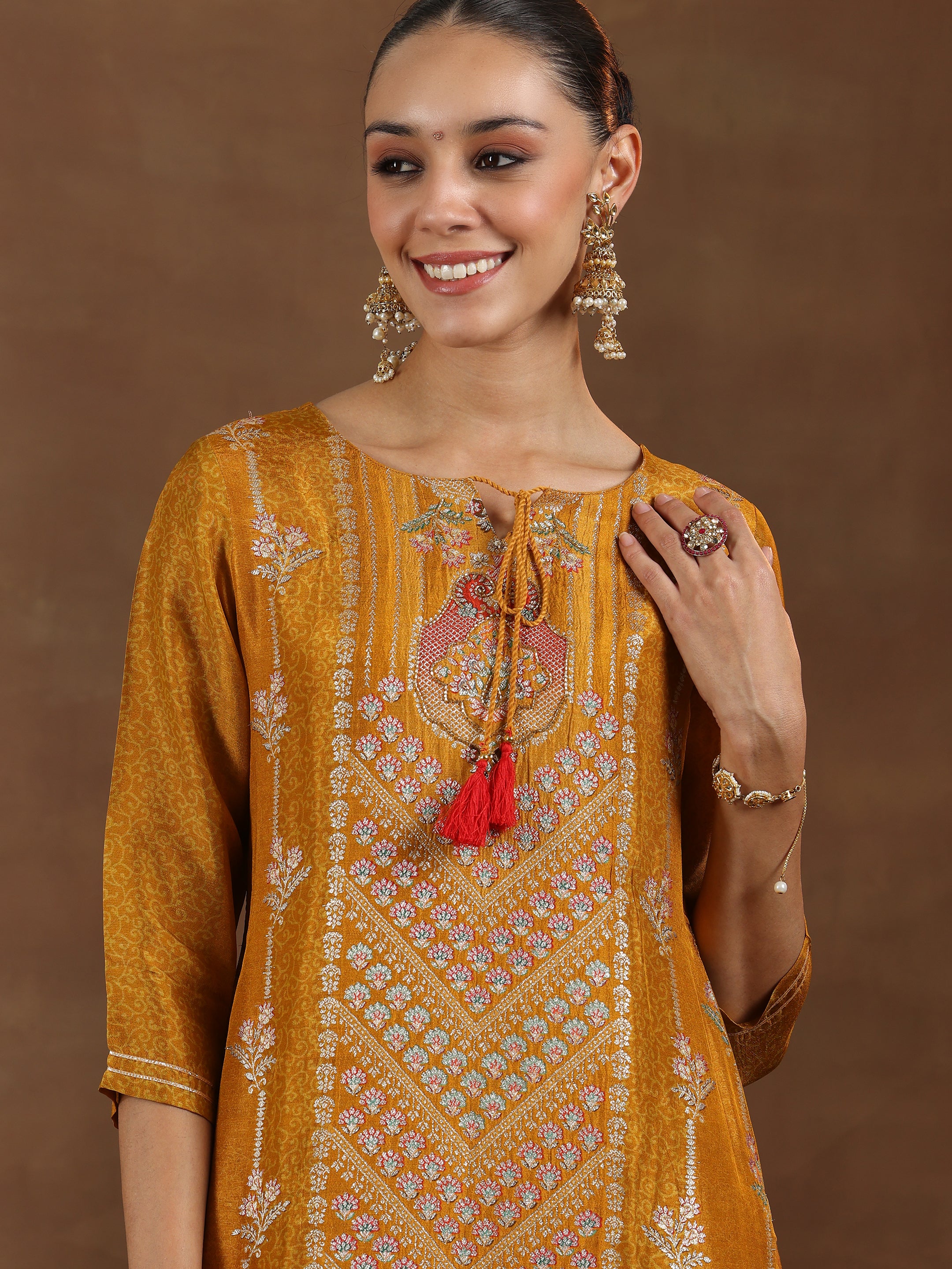 Mustard Woven Design Silk Blend Straight Suit With Dupatta