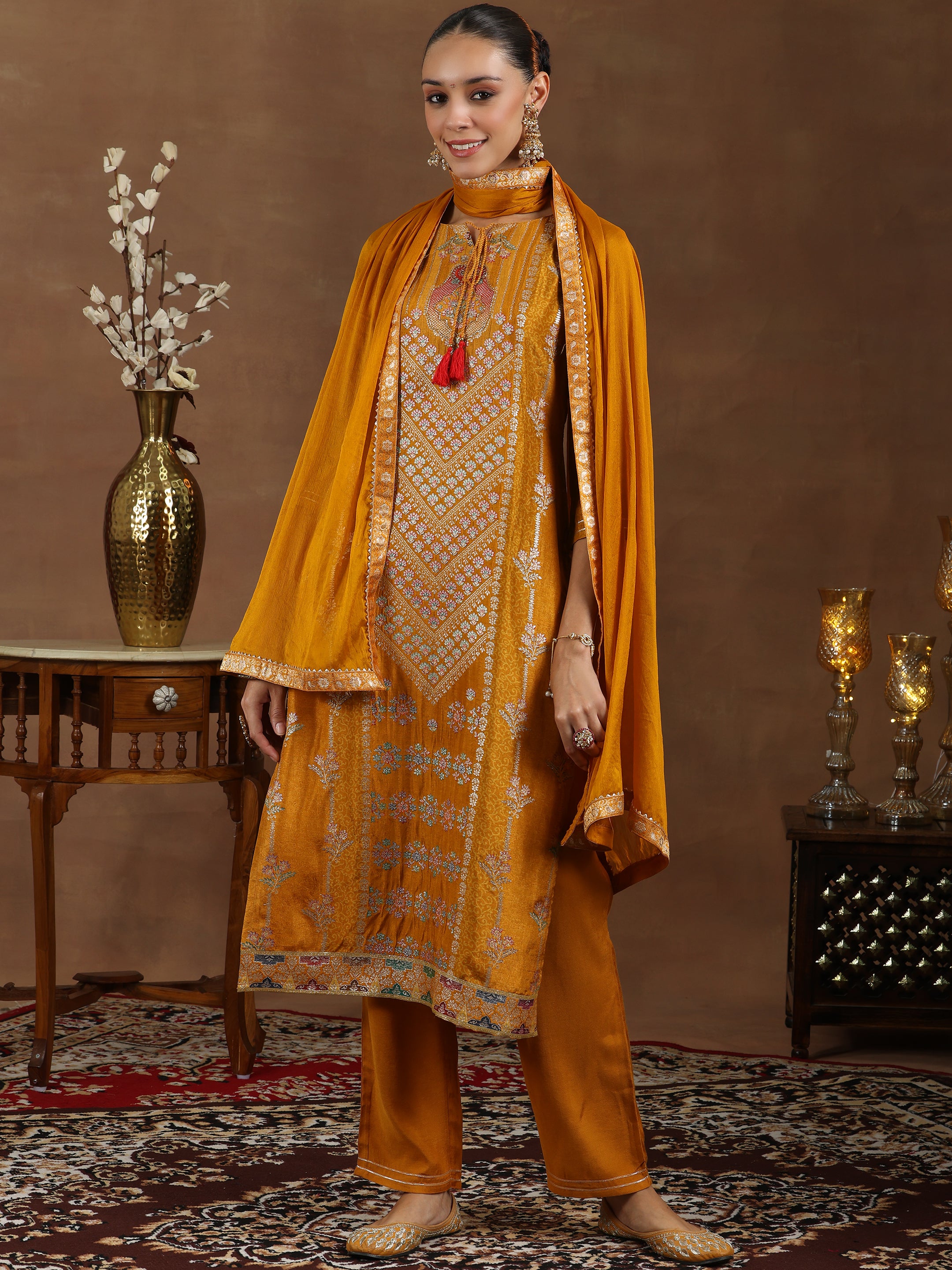 Mustard Woven Design Silk Blend Straight Suit With Dupatta