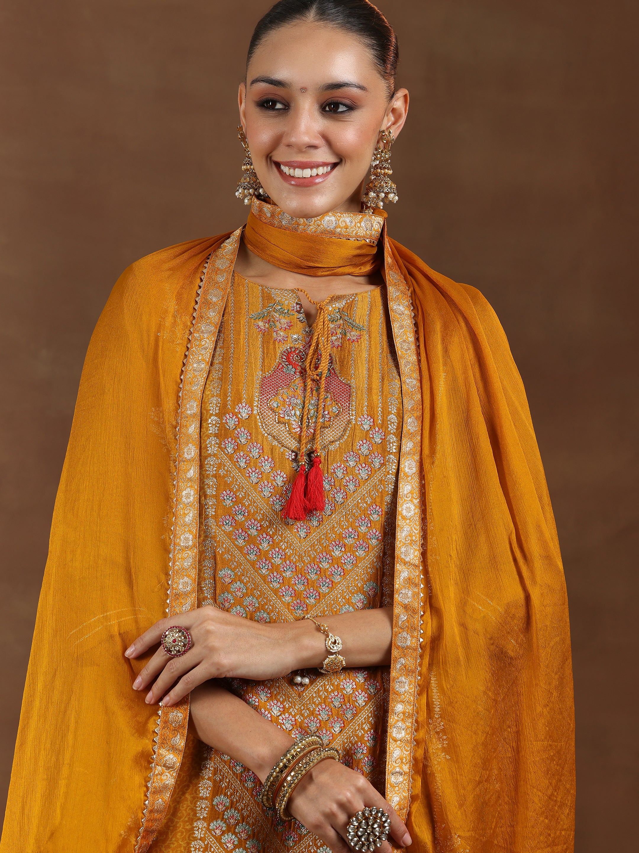 Mustard Woven Design Silk Blend Straight Suit With Dupatta