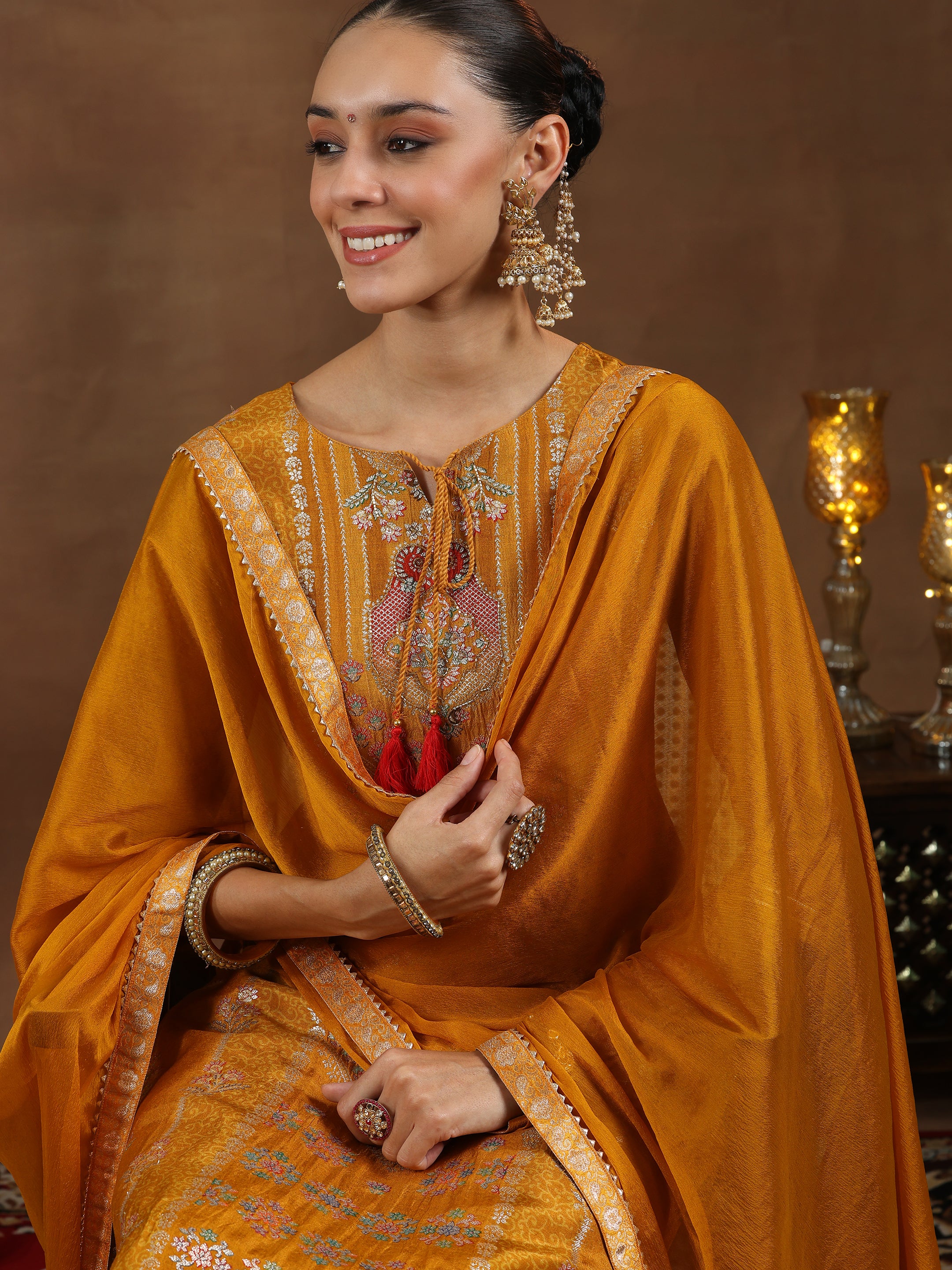 Mustard Woven Design Silk Blend Straight Suit With Dupatta