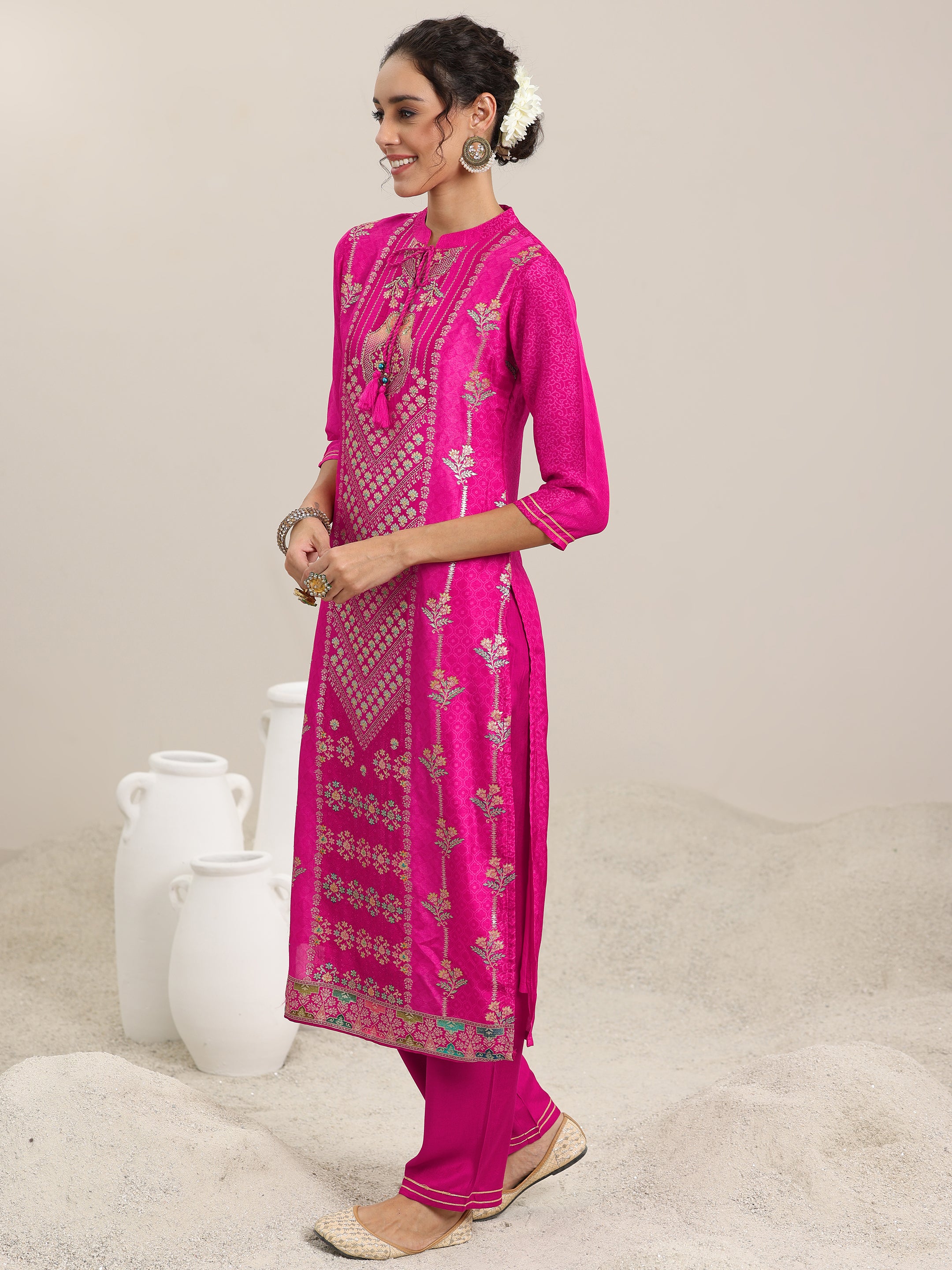 Pink Woven Design Silk Blend Straight Suit With Dupatta