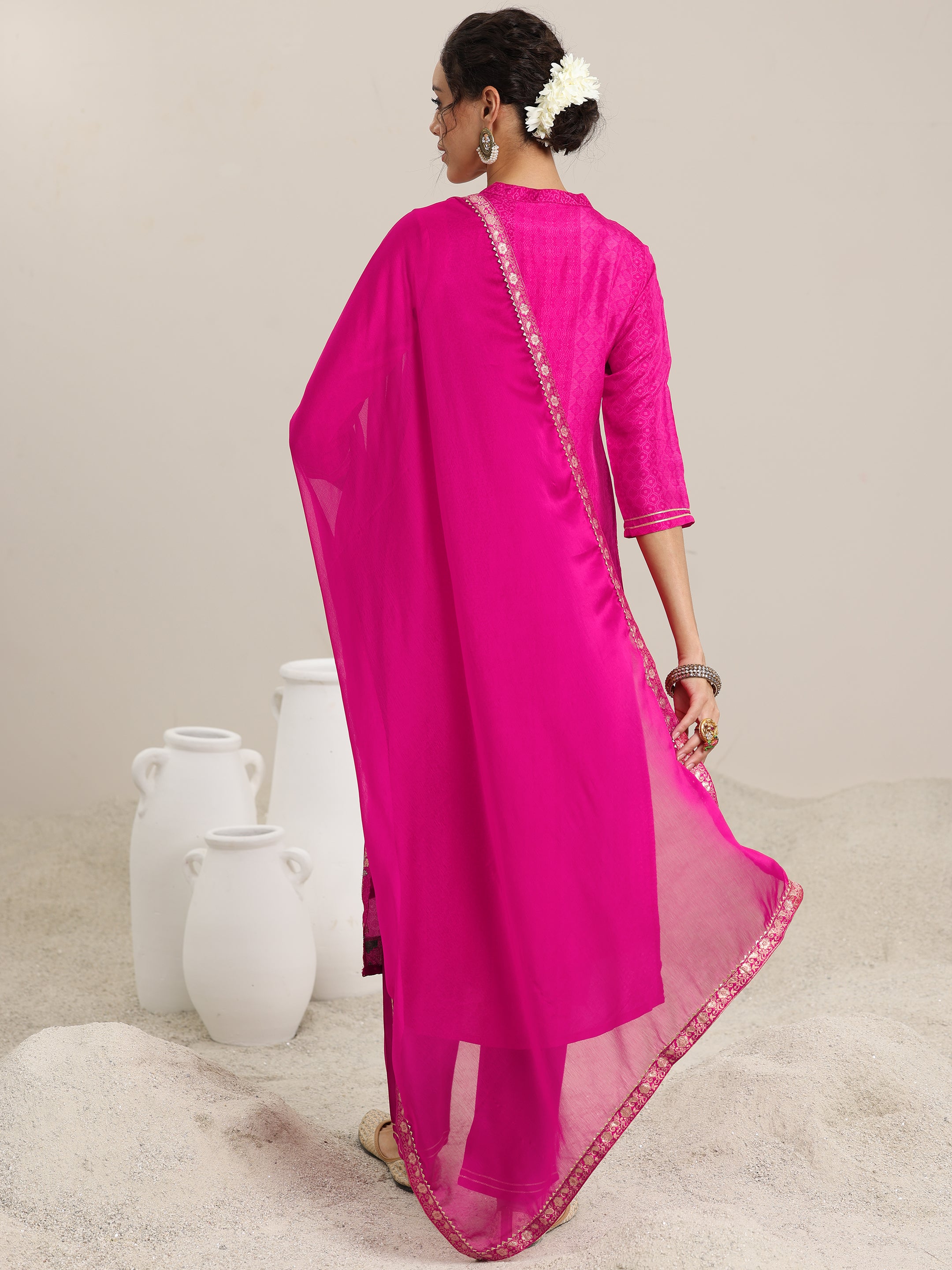 Pink Woven Design Silk Blend Straight Suit With Dupatta