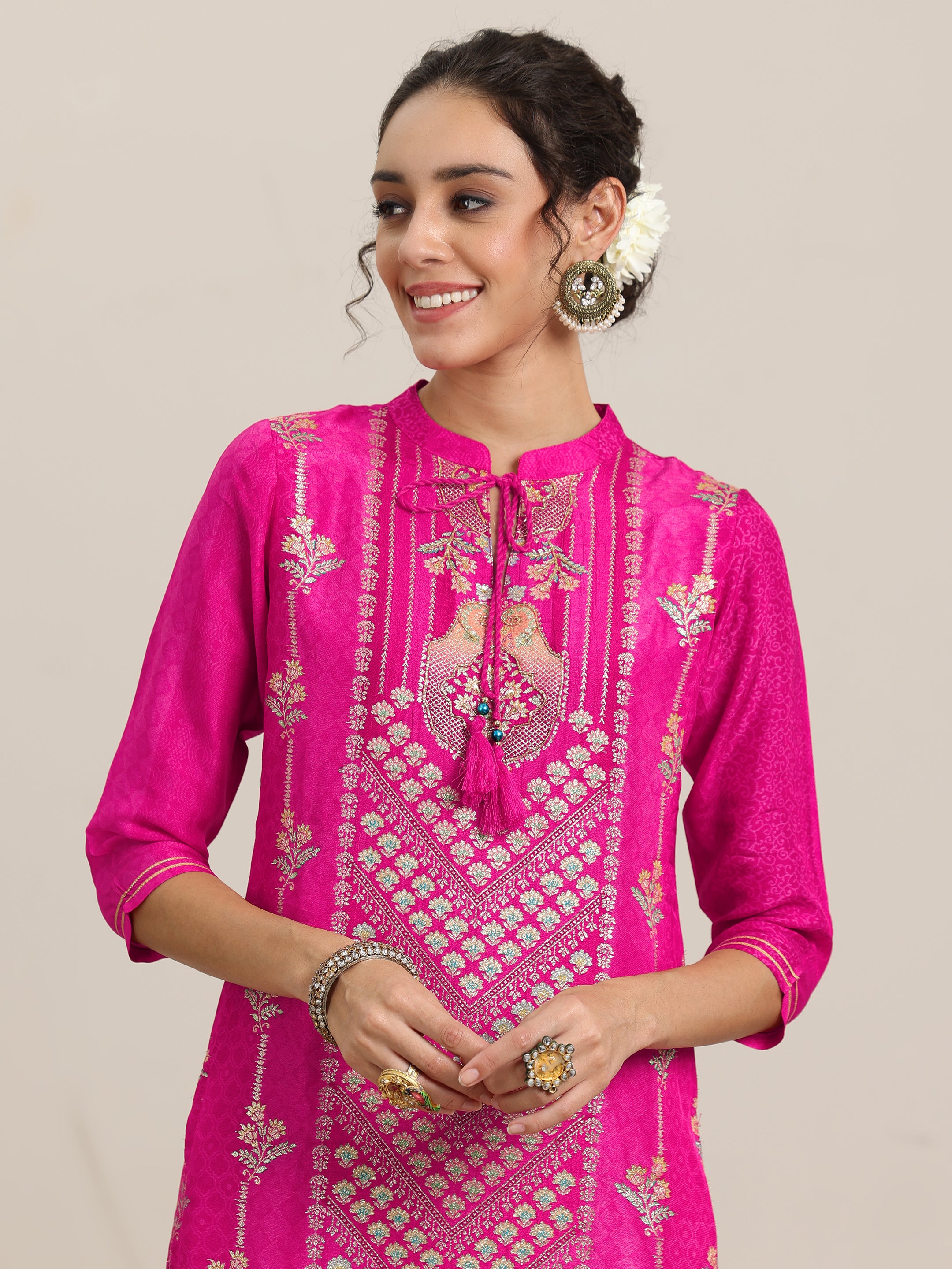 Pink Woven Design Silk Blend Straight Suit With Dupatta