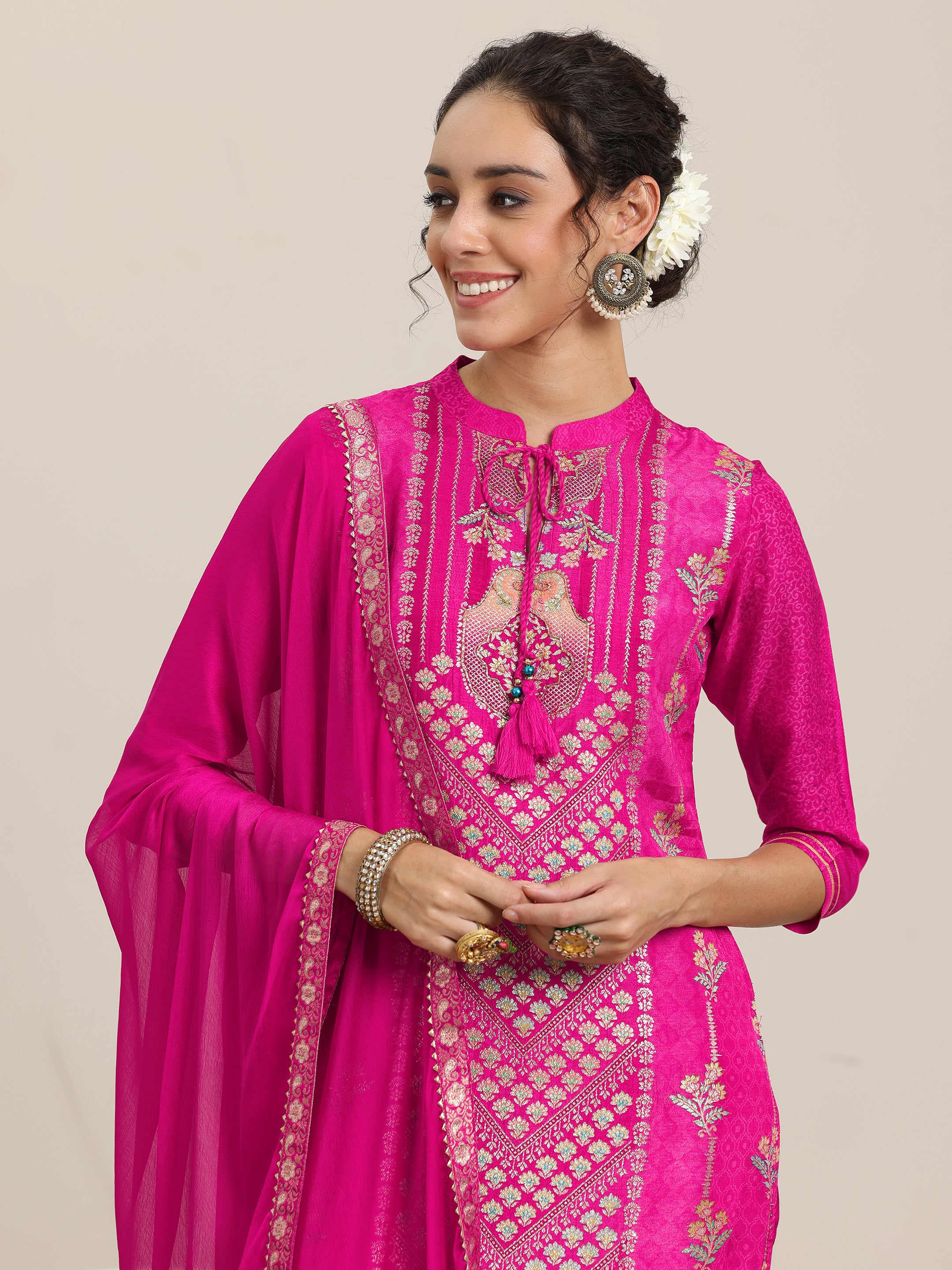 Pink Woven Design Silk Blend Straight Suit With Dupatta