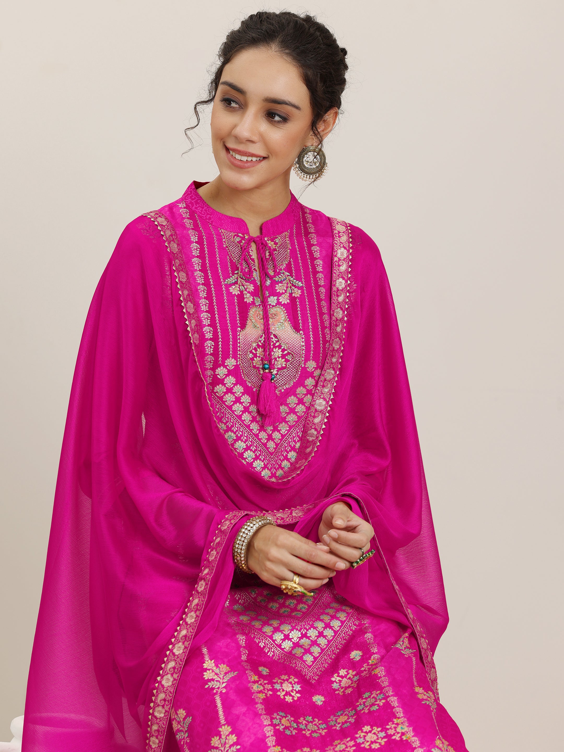 Pink Woven Design Silk Blend Straight Suit With Dupatta