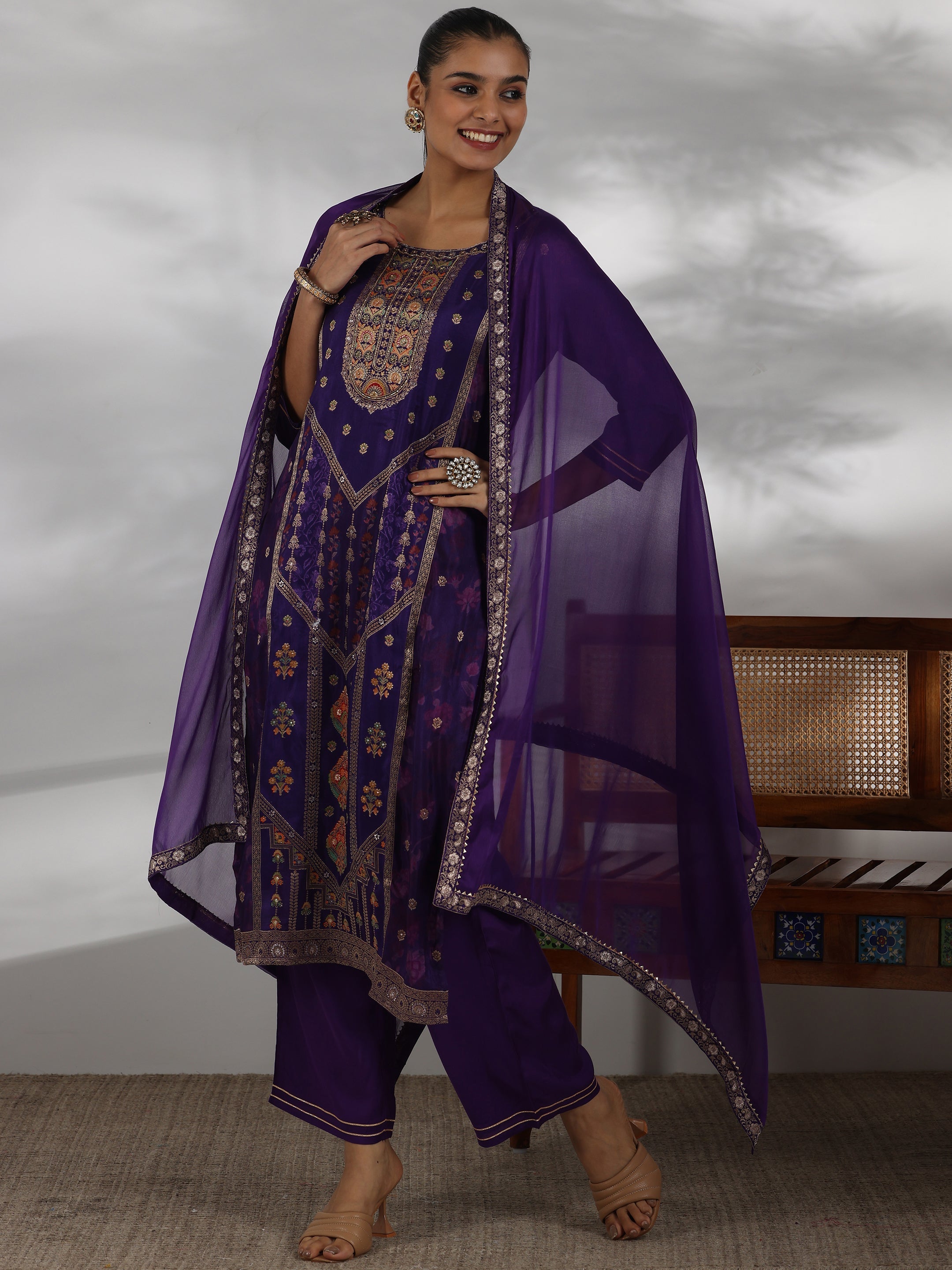 Purple Woven Design Silk Blend Straight Suit With Dupatta