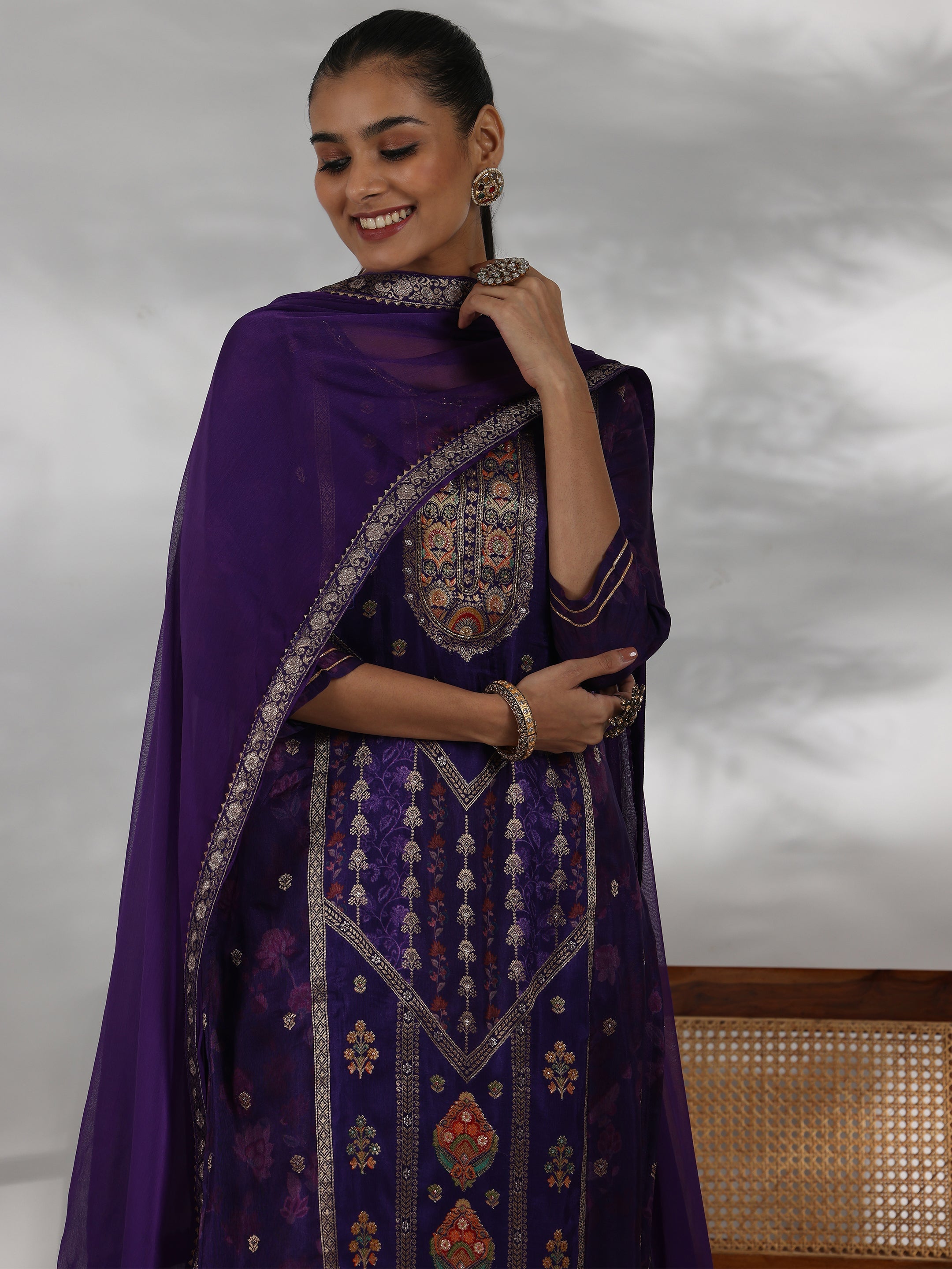 Purple Woven Design Silk Blend Straight Suit With Dupatta