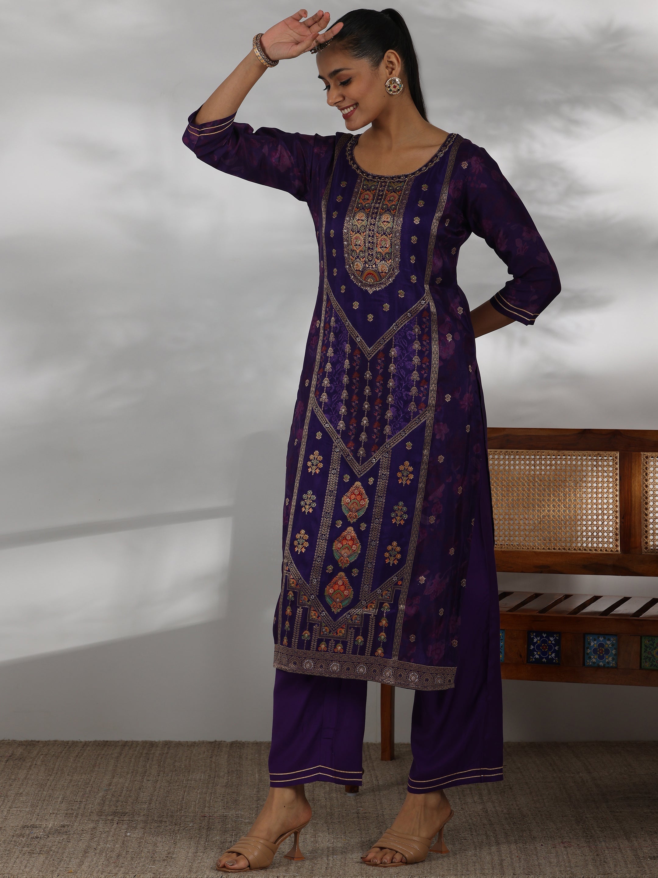 Purple Woven Design Silk Blend Straight Suit With Dupatta