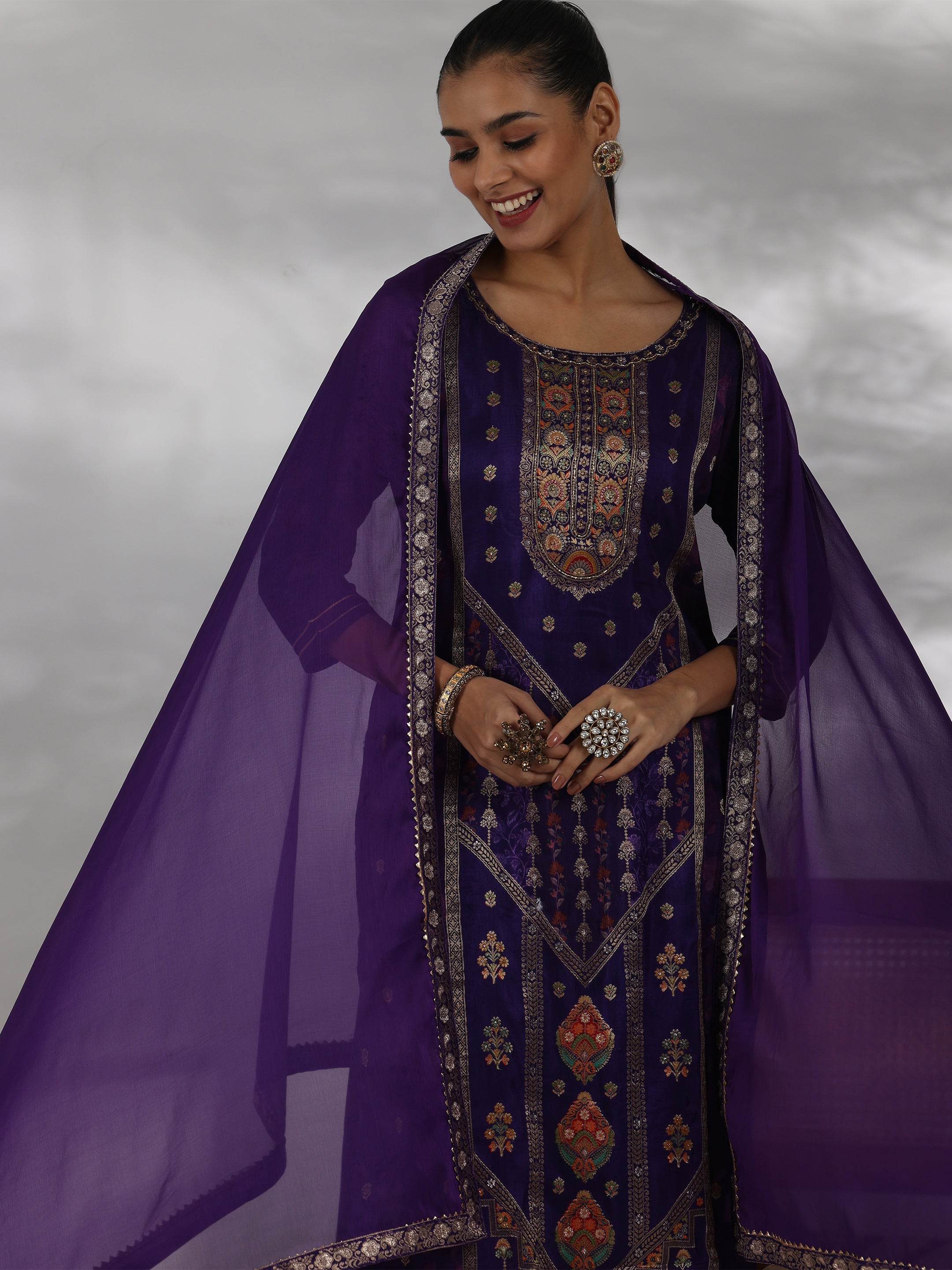 Purple Woven Design Silk Blend Straight Suit With Dupatta