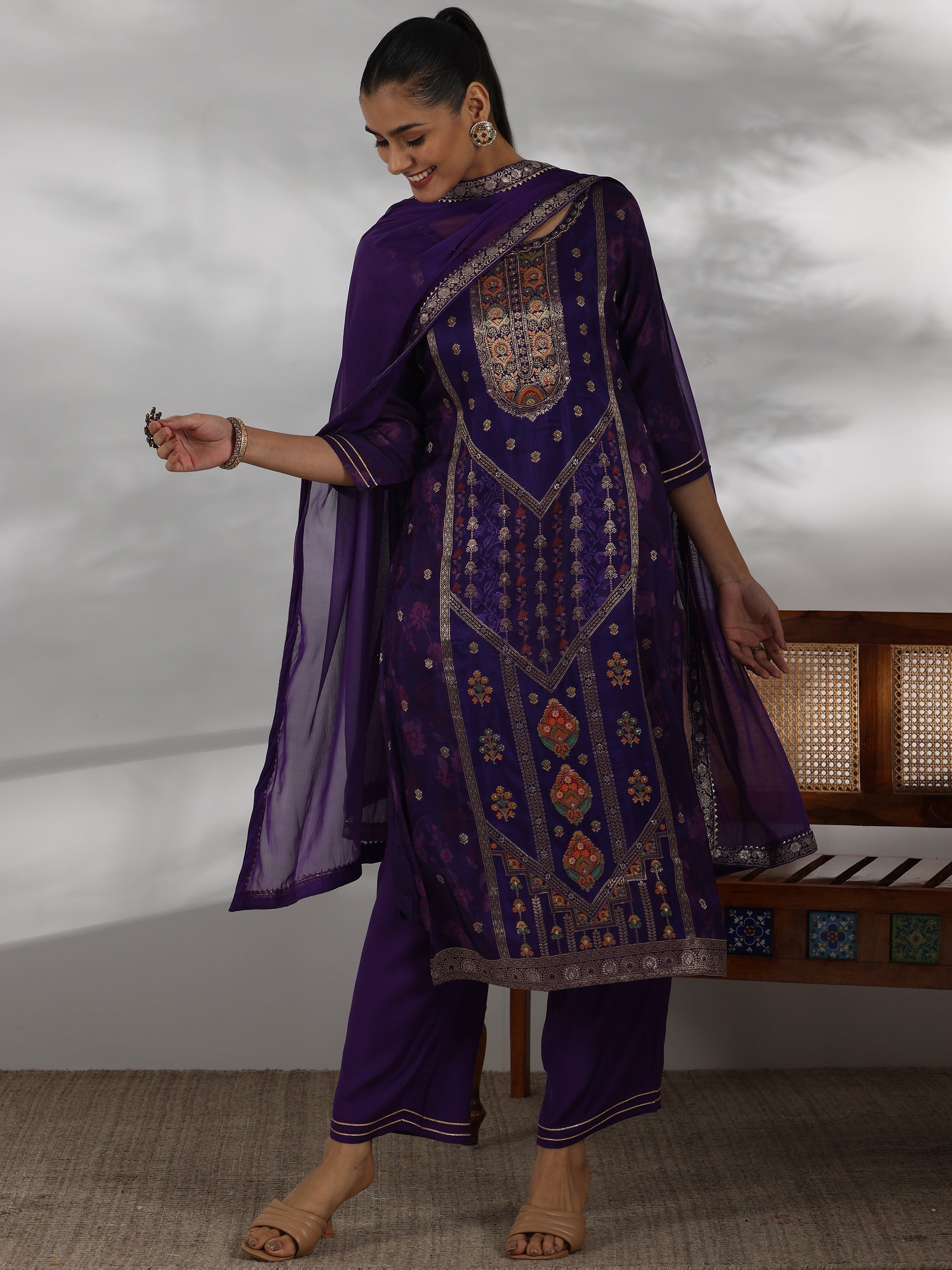 Purple Woven Design Silk Blend Straight Suit With Dupatta