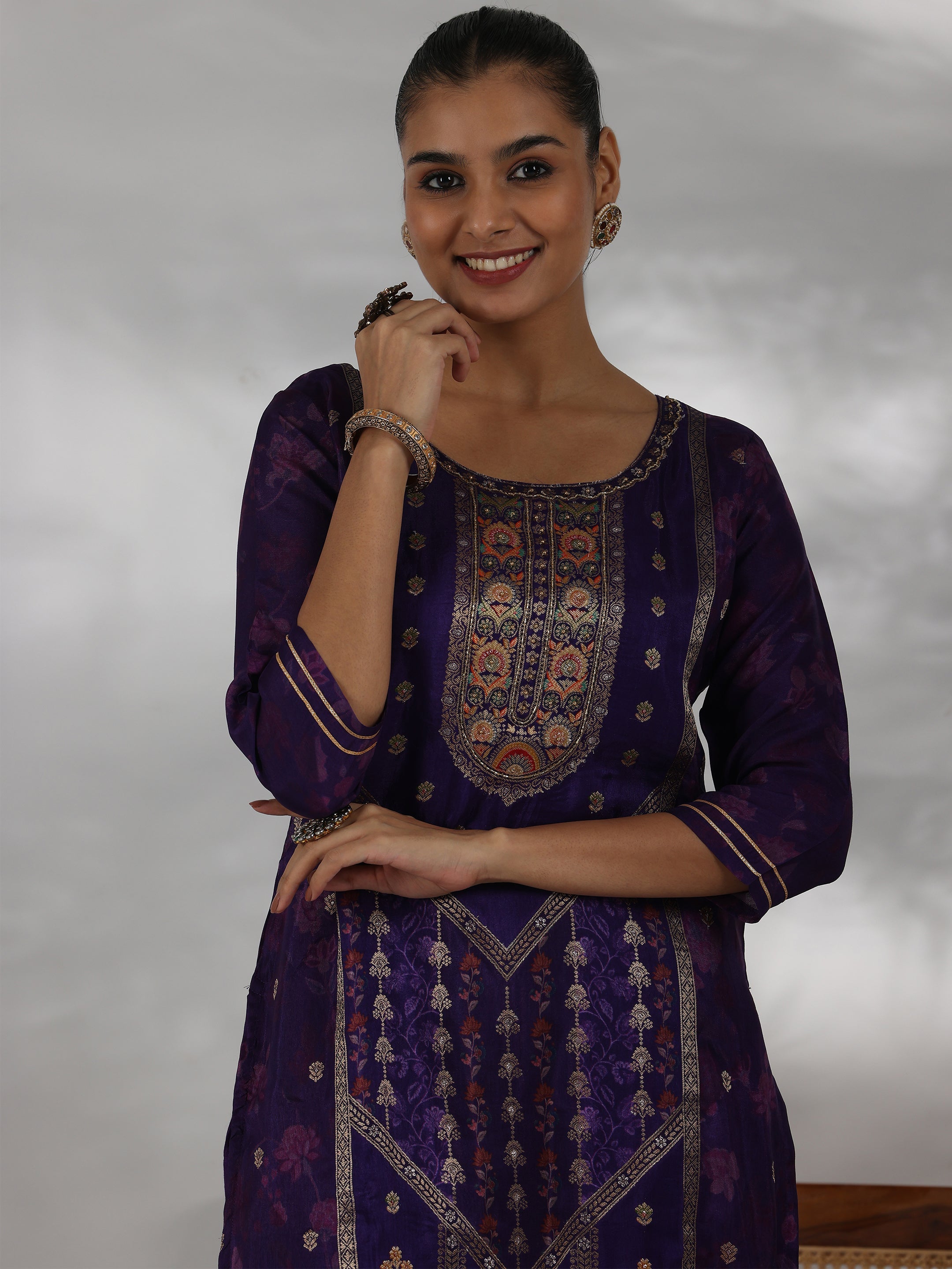 Purple Woven Design Silk Blend Straight Suit With Dupatta