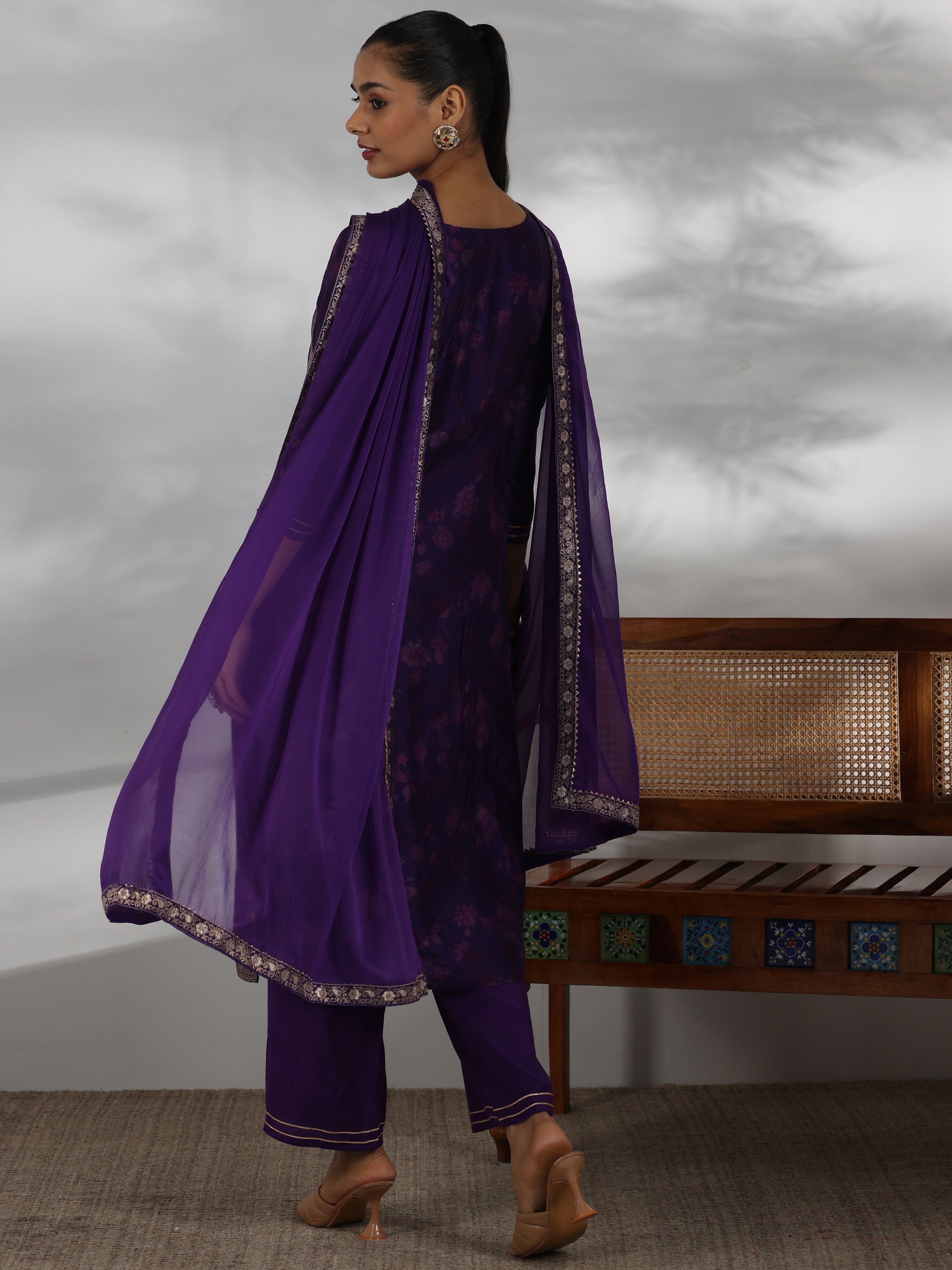 Purple Woven Design Silk Blend Straight Suit With Dupatta