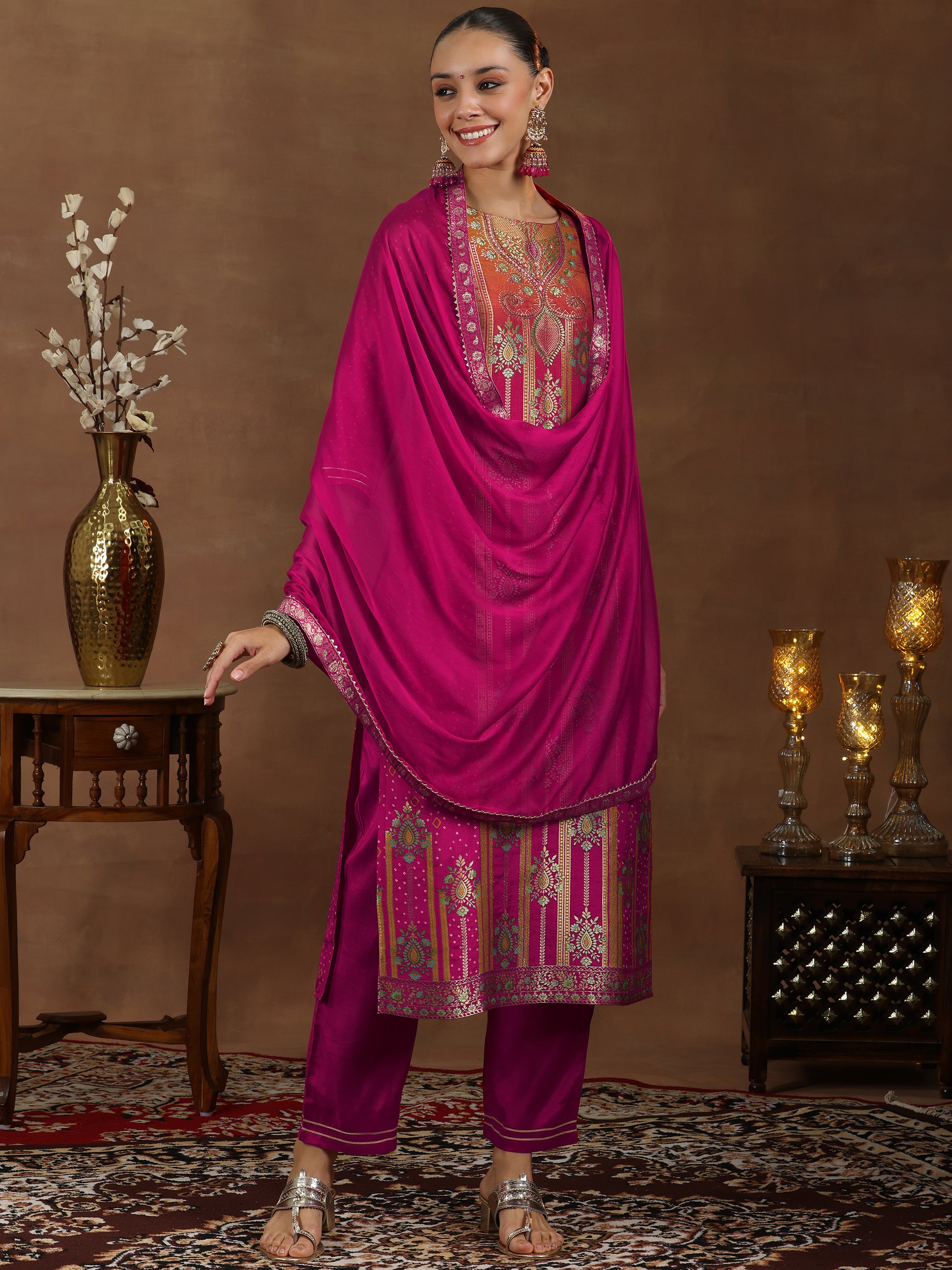 Pink Woven Design Silk Blend Straight Suit With Dupatta