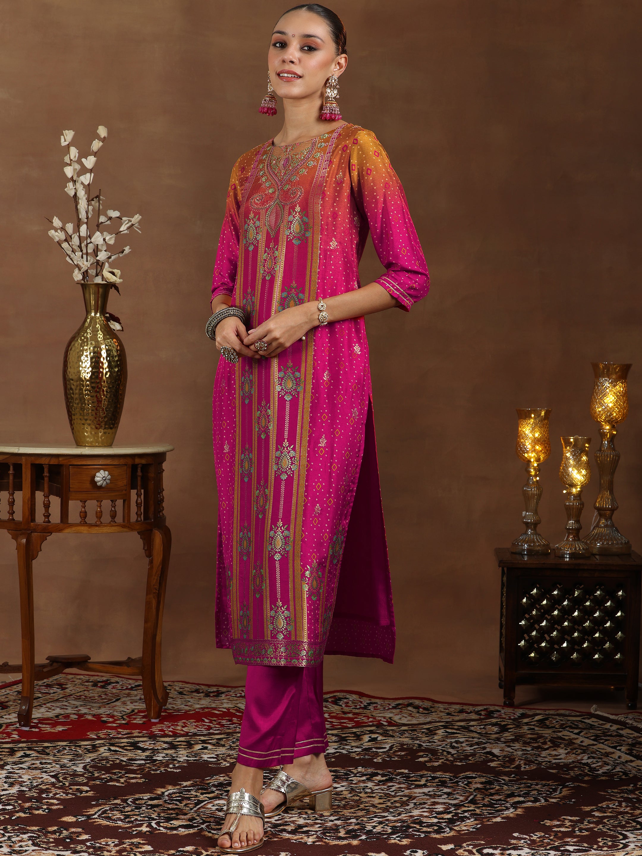 Pink Woven Design Silk Blend Straight Suit With Dupatta