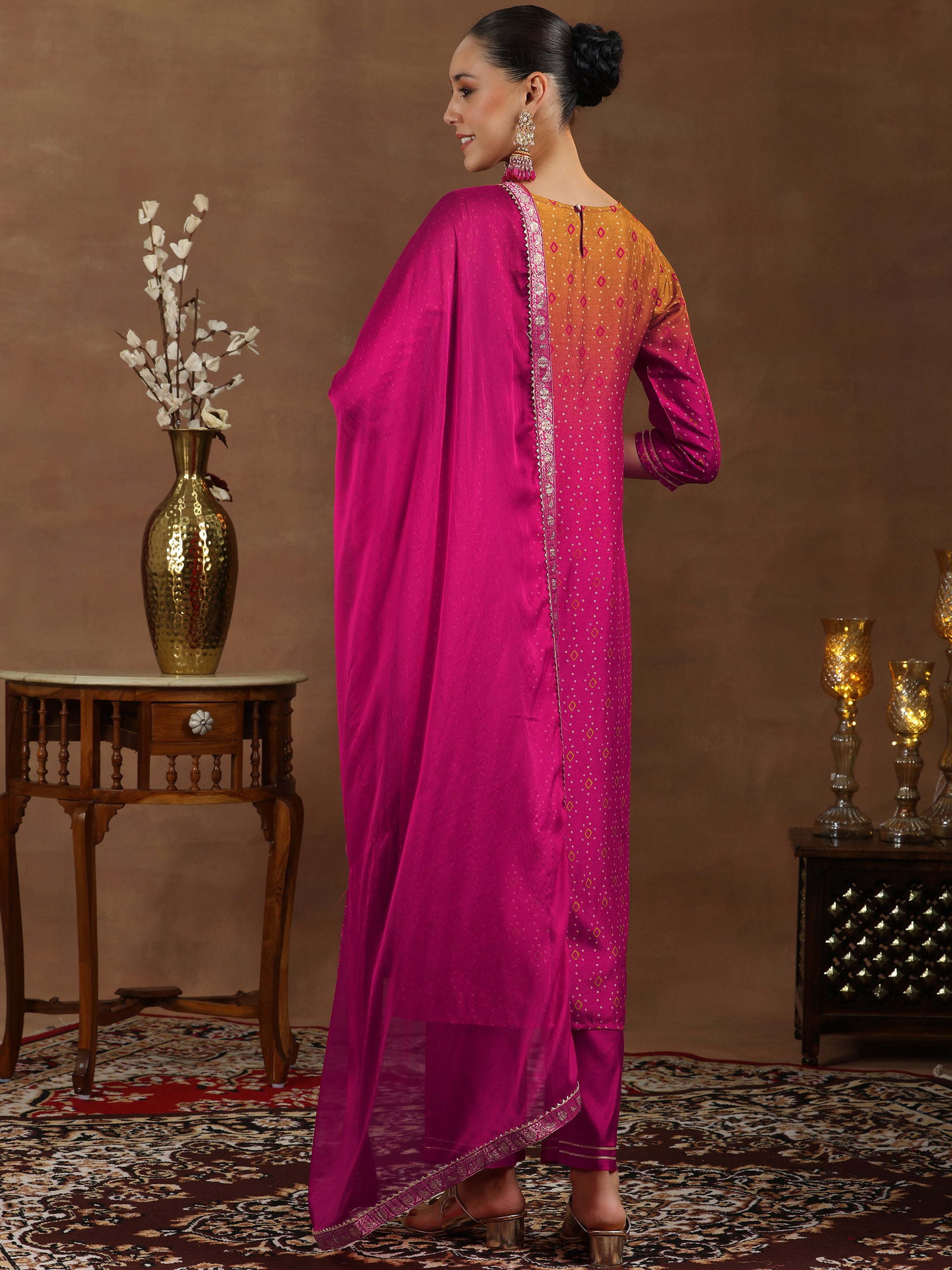 Pink Woven Design Silk Blend Straight Suit With Dupatta