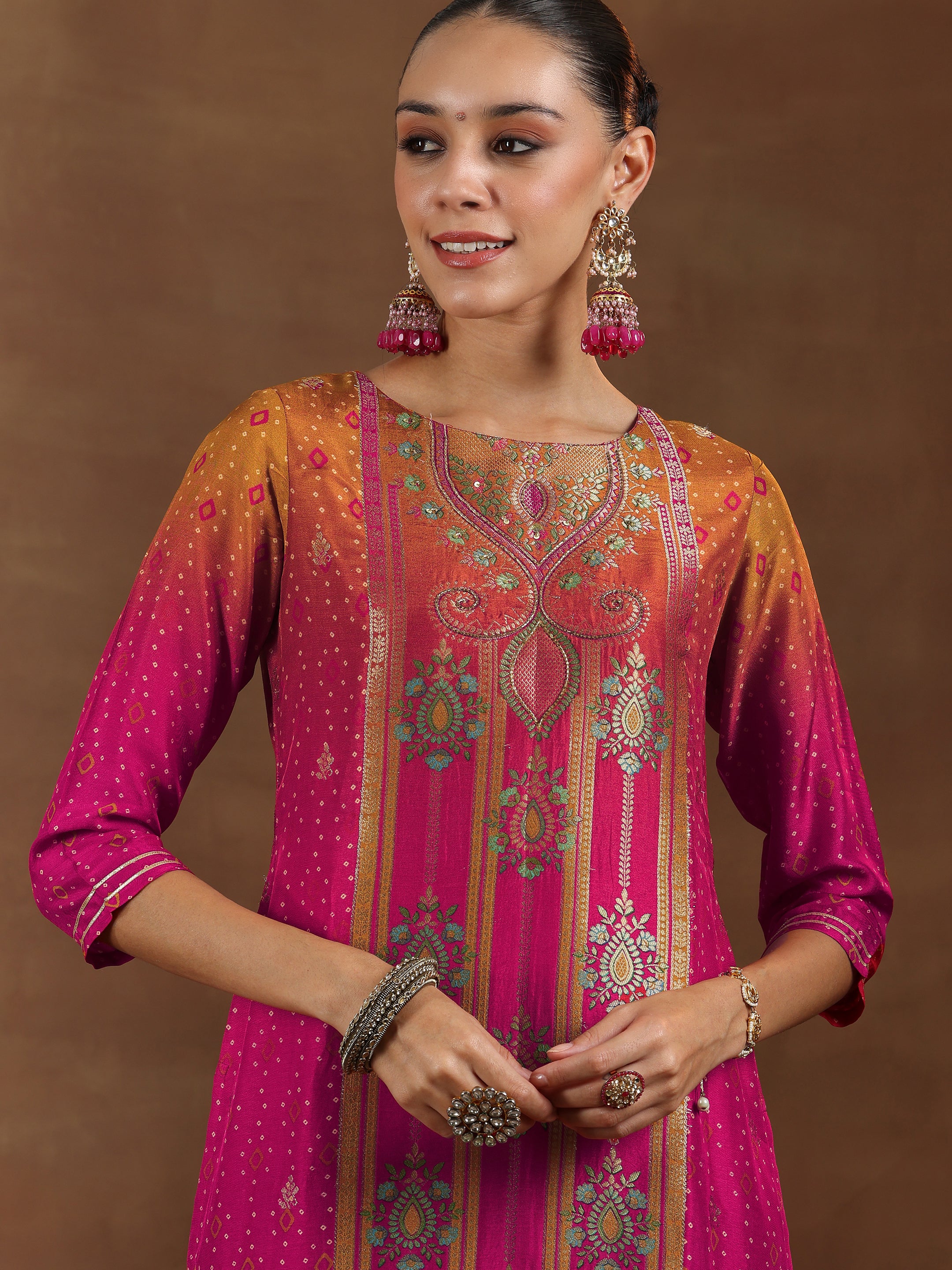 Pink Woven Design Silk Blend Straight Suit With Dupatta